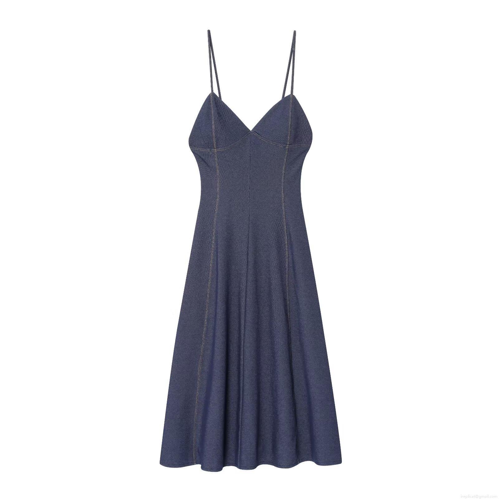 Women\'s Elegant V-Neck Spaghetti Strap Midi Dress Casual Denim-Look Polyester Fabric Contrast Stitching A-Line Slim Fit Summer Holiday Party Dress