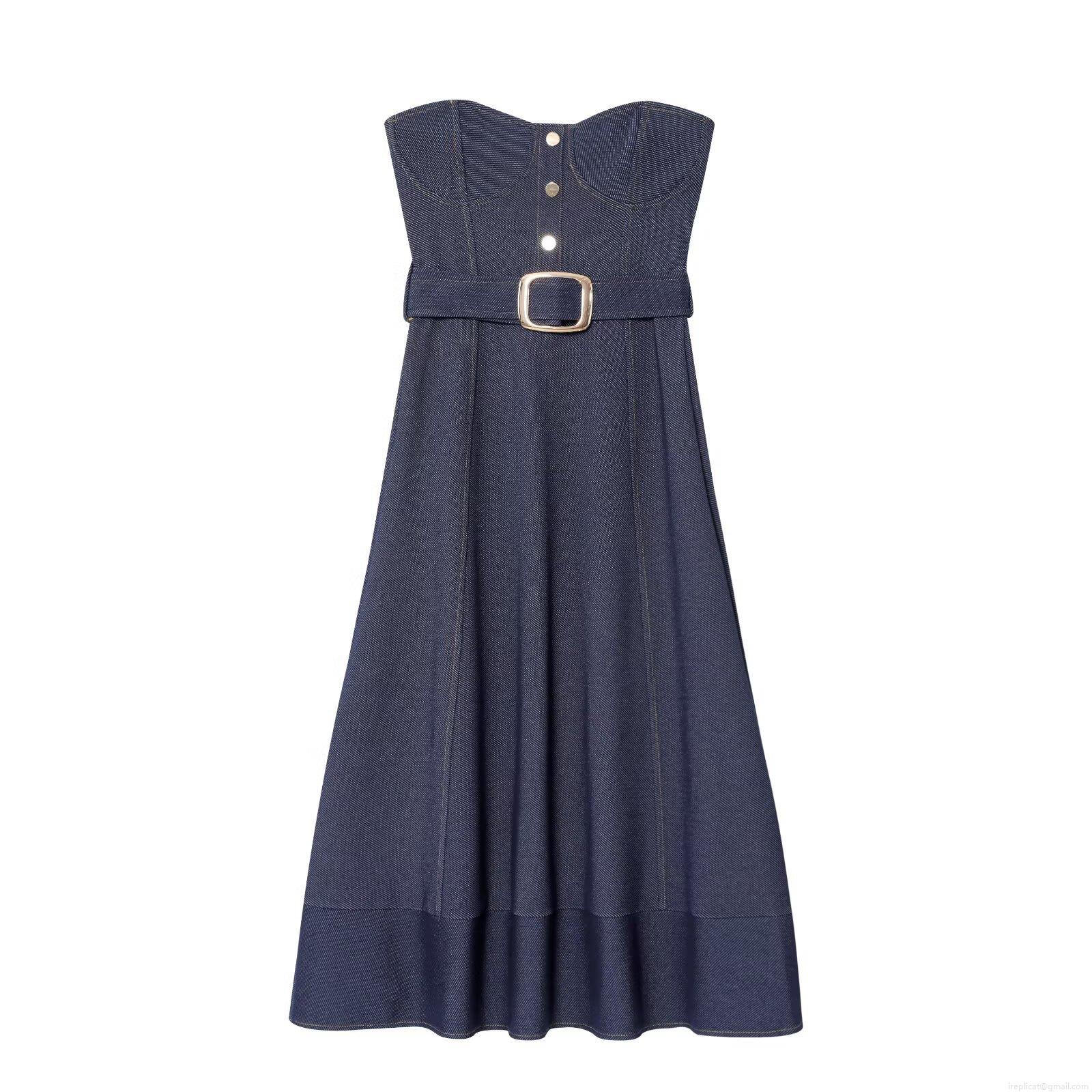 Women Retro Denim Strapless Midi Dress With Belt Elegant Off The Shoulder Button Decor A-Line Party Dresses Slim Fit Solid Blue Vestidos