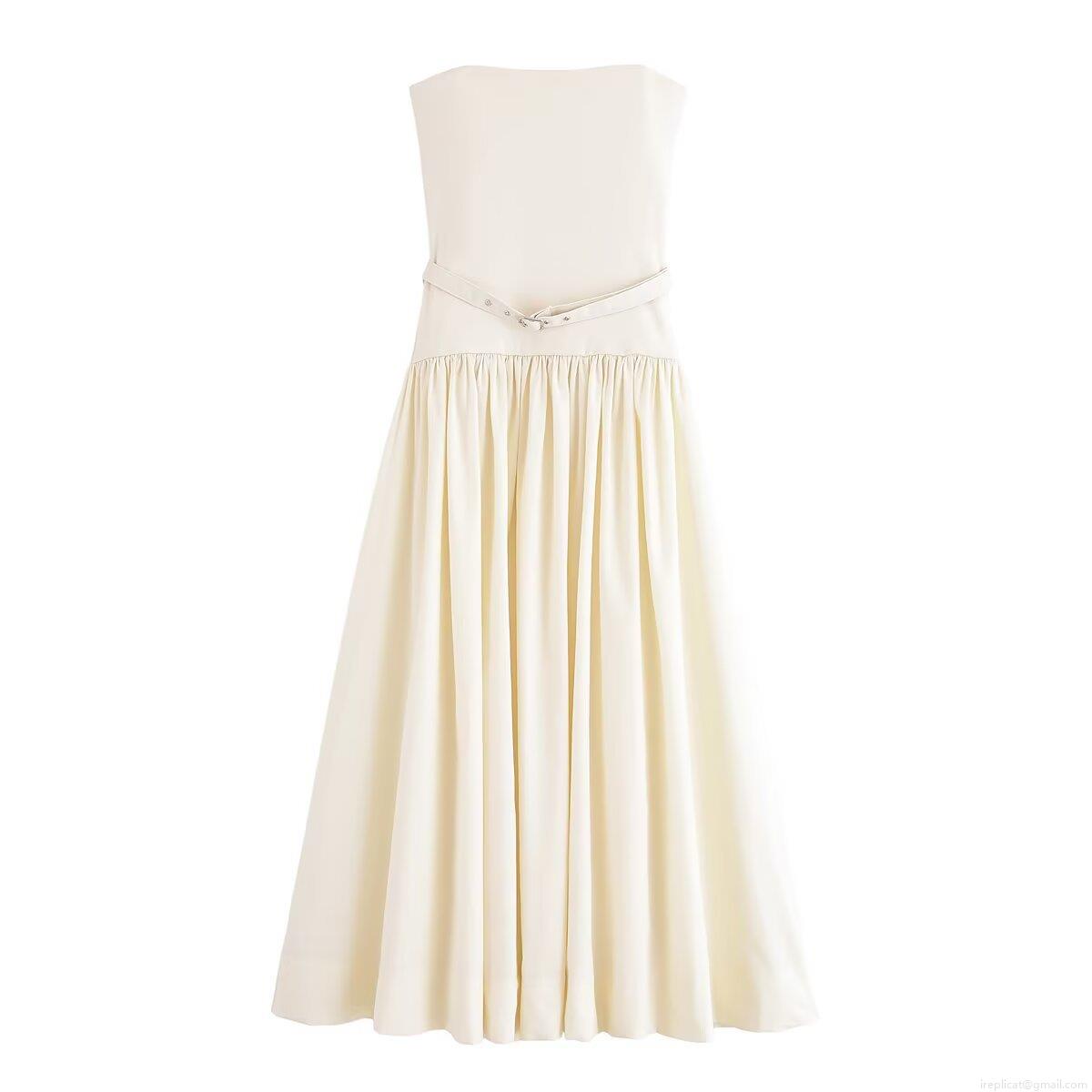 Elegant Strapless Pleated Midi Dress With Belt For Women Sexy Off-White Polyester Tube Top Party Evening Dress Elegant Strapless Pleated Midi Dress With Belt For Women Sexy Off-White Polyester Tube Top Party Evening Dress