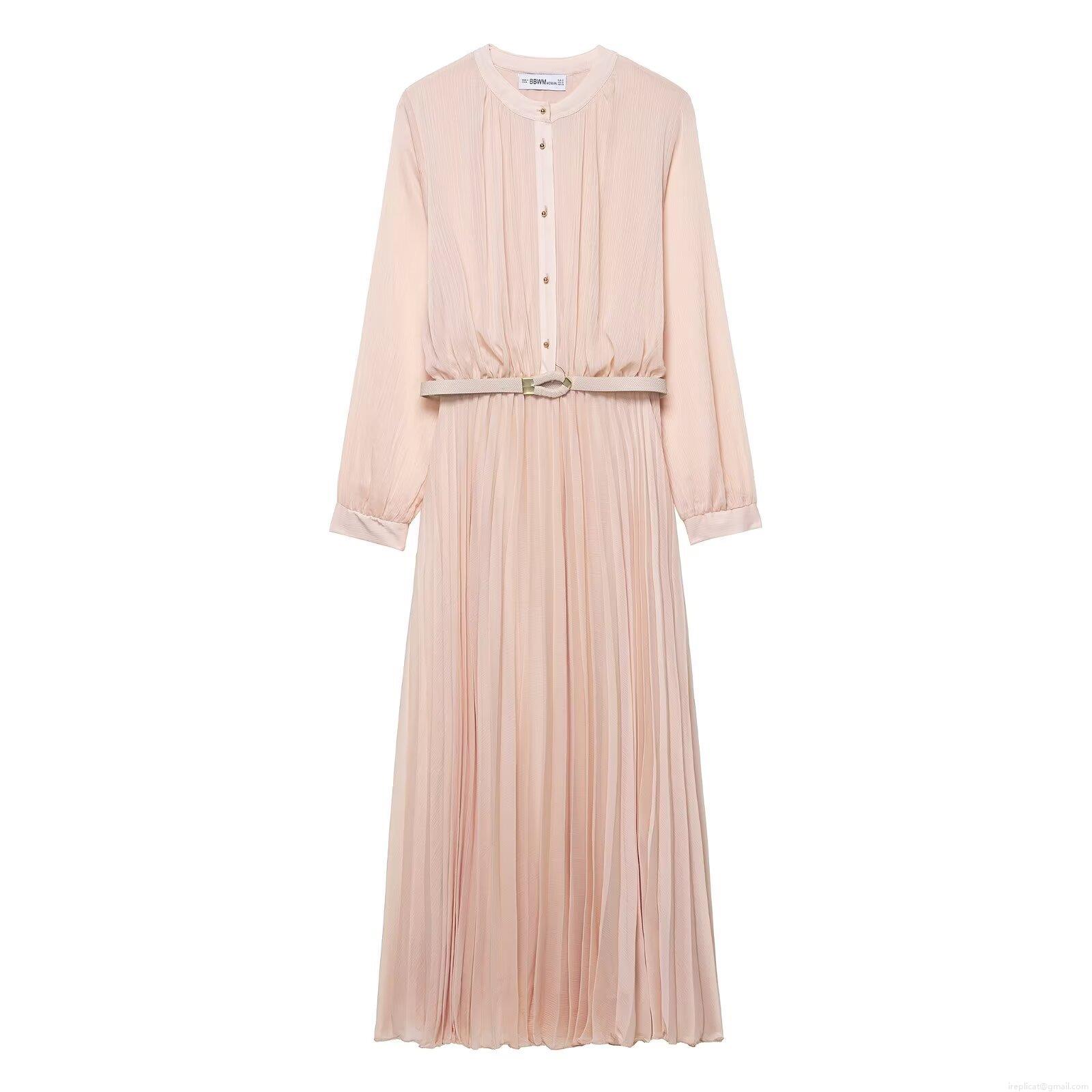 Women's Elegant Pleated Midi Dress Long Sleeve Solid Color Chiffon Texture Button Up Dress With Belt Casual Elegant Ladies Party Wear Women's Elegant Pleated Midi Dress Long Sleeve Solid Color Chiffon Texture Button Up Dress With Belt Casual Elegant Ladies Party Wear