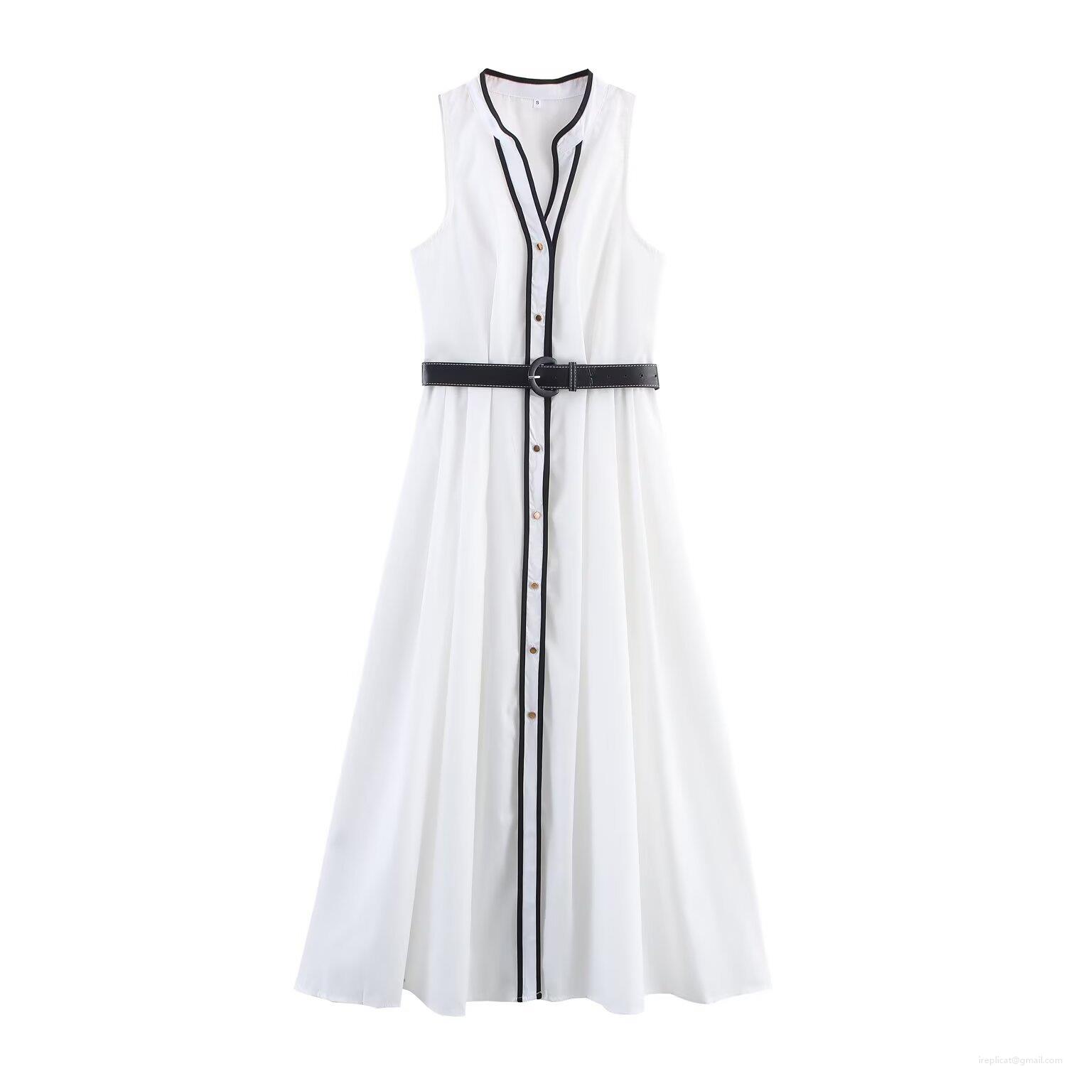 Elegant White Sleeveless Midi Dress With Black Contrast Trim And Belt Classic Lapel V-Neck Single-Breasted Poplin A-Line Dress For Women Socialite Office Casual Style Elegant White Sleeveless Midi Dress With Black Contrast Trim And Belt Classic Lapel V-Neck Single-Breasted Poplin A-Line Dress For Women Socialite Office Casual Style