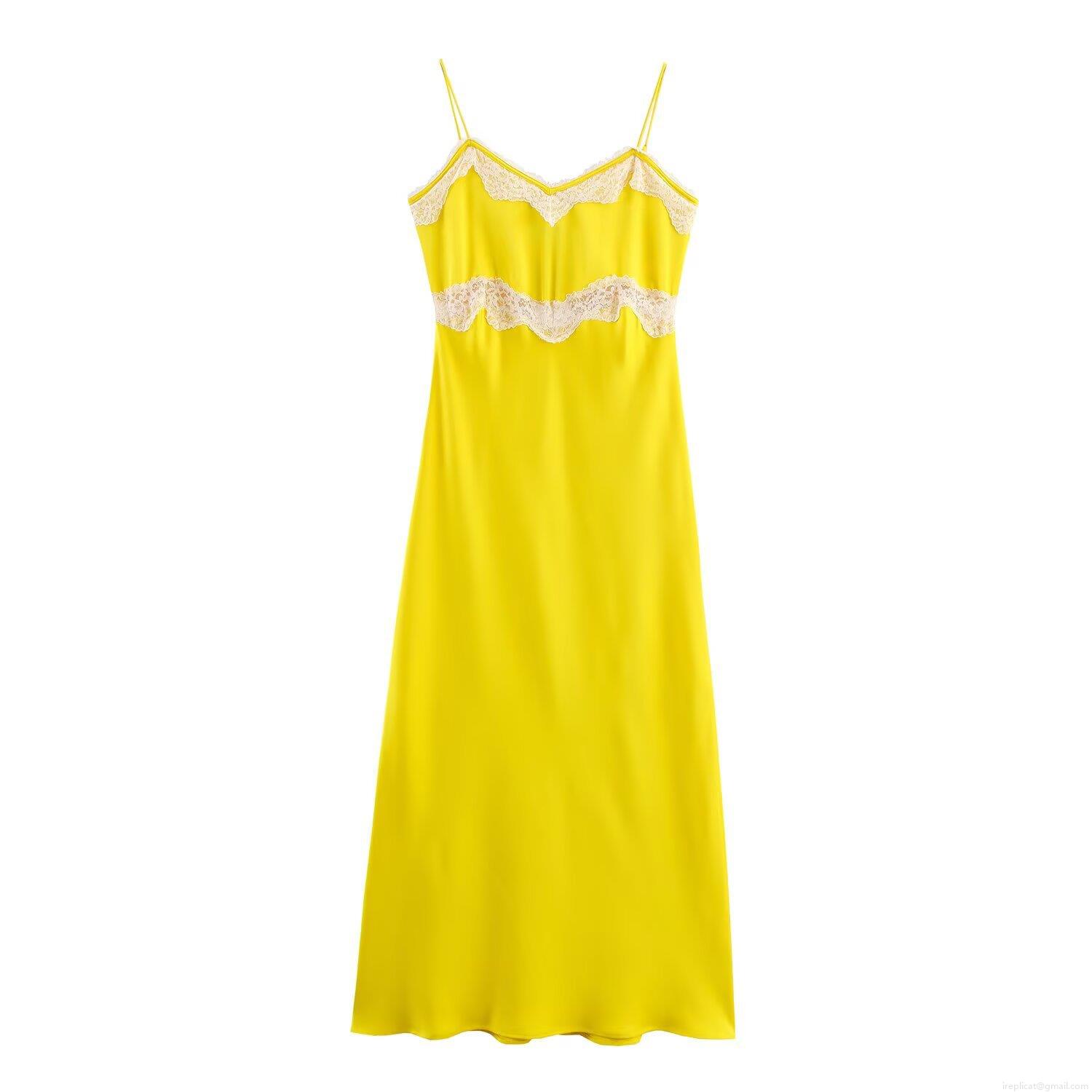 Women's Elegant Yellow Satin Midi Dress White Lace Trim Spaghetti Strap V-Neck Patchwork Sleeveless Summer Party Club Dress For Ladies Women's Elegant Yellow Satin Midi Dress White Lace Trim Spaghetti Strap V-Neck Patchwork Sleeveless Summer Party Club Dress For Ladies