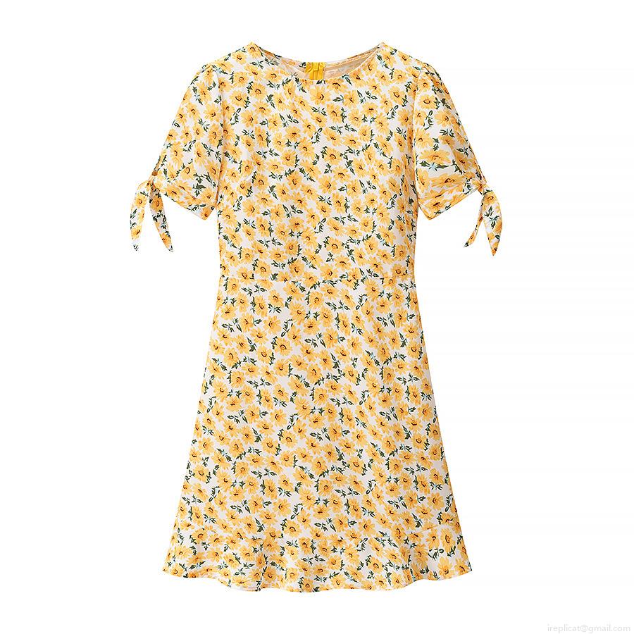 Women Elegant Yellow Sunflower Floral Print Polyester Chiffon Midi Dress Short Sleeve Round Neck With Bow Tie Cuffs Back Zipper Summer Vacation Casual Party A-Line Dress Women Elegant Yellow Sunflower Floral Print Polyester Chiffon Midi Dress Short Sleeve Round Neck With Bow Tie Cuffs Back Zipper Summer Vacation Casual Party A-Line Dress