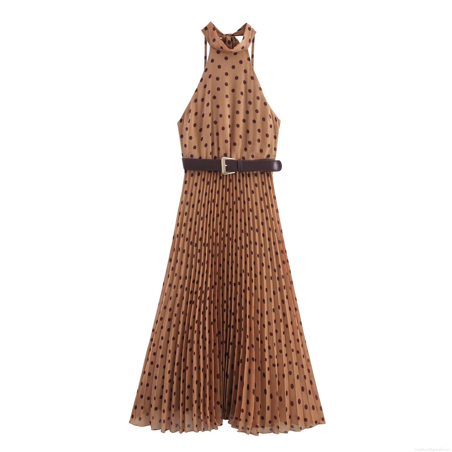Women Elegant Polka Dot Halter Midi Dress With Belt Chiffon Pleated Sleeveless A-Line Party Dress Retro Style Ladies Summer Dresses Women Elegant Polka Dot Halter Midi Dress With Belt Chiffon Pleated Sleeveless A-Line Party Dress Retro Style Ladies Summer Dresses