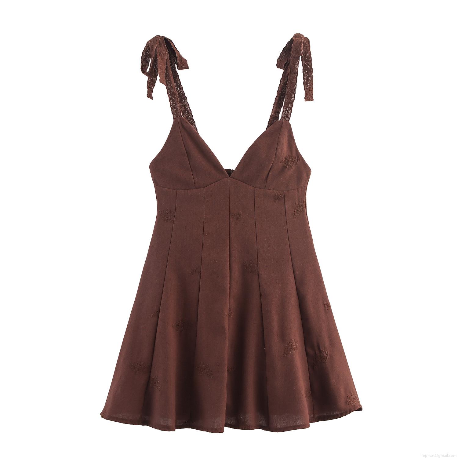 Women's Elegant V-Neck Coffee Brown Floral Embroidery Midi Dress Cotton Blend Adjustable Bow Straps A-Line Sling Dress For Party Summer Vacation Celebrity Style Women's Elegant V-Neck Coffee Brown Floral Embroidery Midi Dress Cotton Blend Adjustable Bow Straps A-Line Sling Dress For Party Summer Vacation Celebrity Style