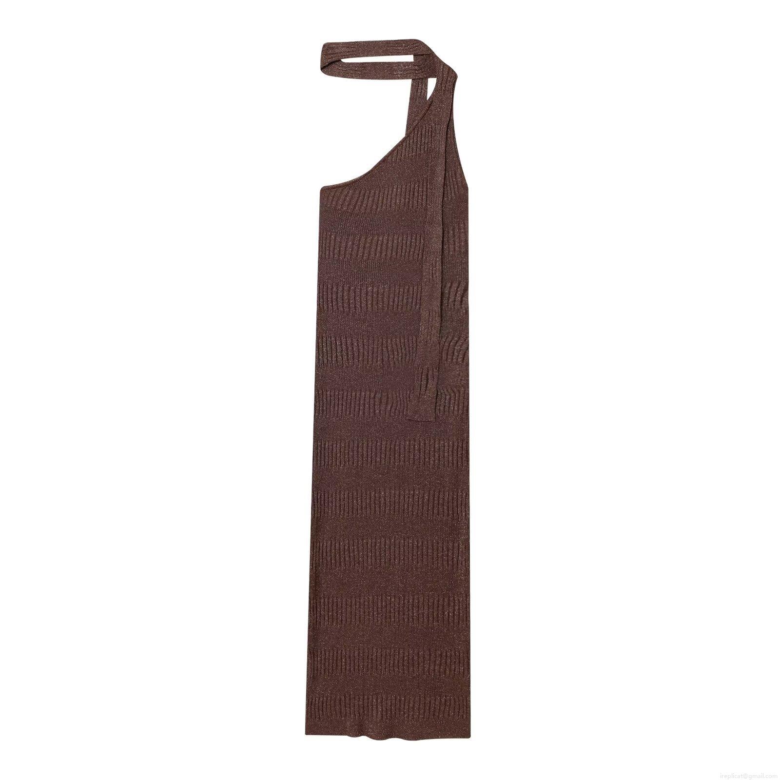 Sexy French Style Halter One Shoulder Asymmetric Midi Dress Elegant Lurex Ribbed Knit Bodycon Long Dress For Women Party Evening Vacation