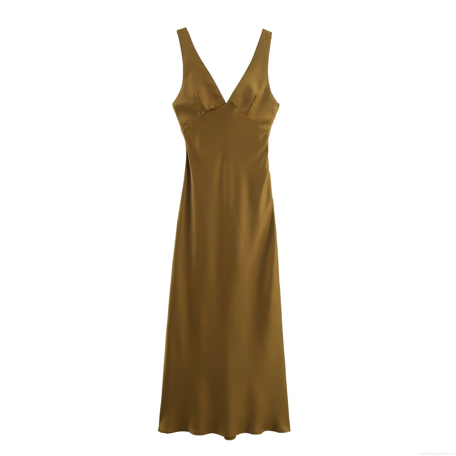 Women Elegant V-Neck Backless Satin Dress Sexy Cross Knot Hollow Out Bronze Midi Dress For Party Banquet Wedding Evening Women Clothing Women Elegant V-Neck Backless Satin Dress Sexy Cross Knot Hollow Out Bronze Midi Dress For Party Banquet Wedding Evening Women Clothing