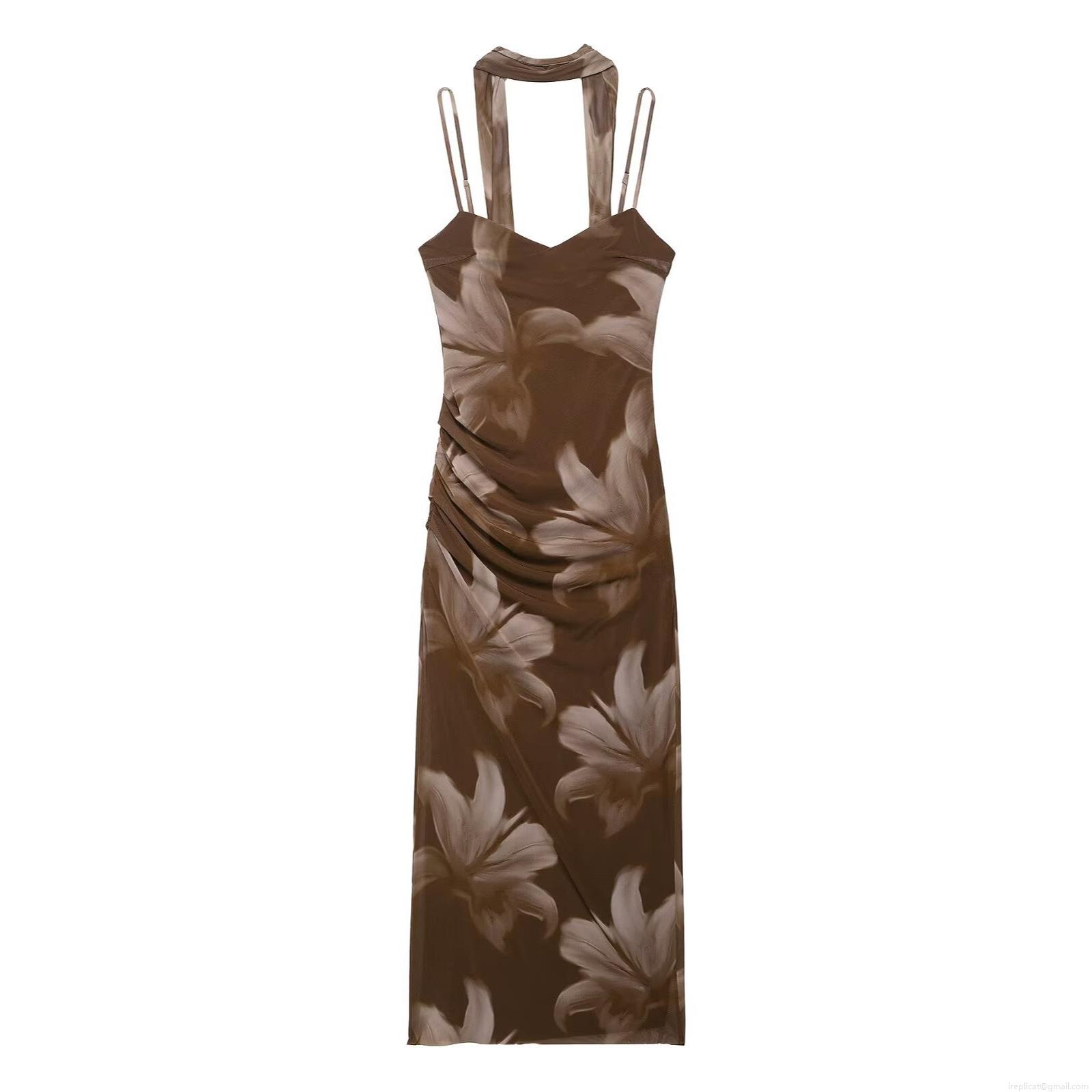 Women Elegant Brown Floral Print Mesh Midi Dress Sexy Ruched Halter Neck Sleeveless Slim Fit Party Dress With Adjustable Straps Women Elegant Brown Floral Print Mesh Midi Dress Sexy Ruched Halter Neck Sleeveless Slim Fit Party Dress With Adjustable Straps