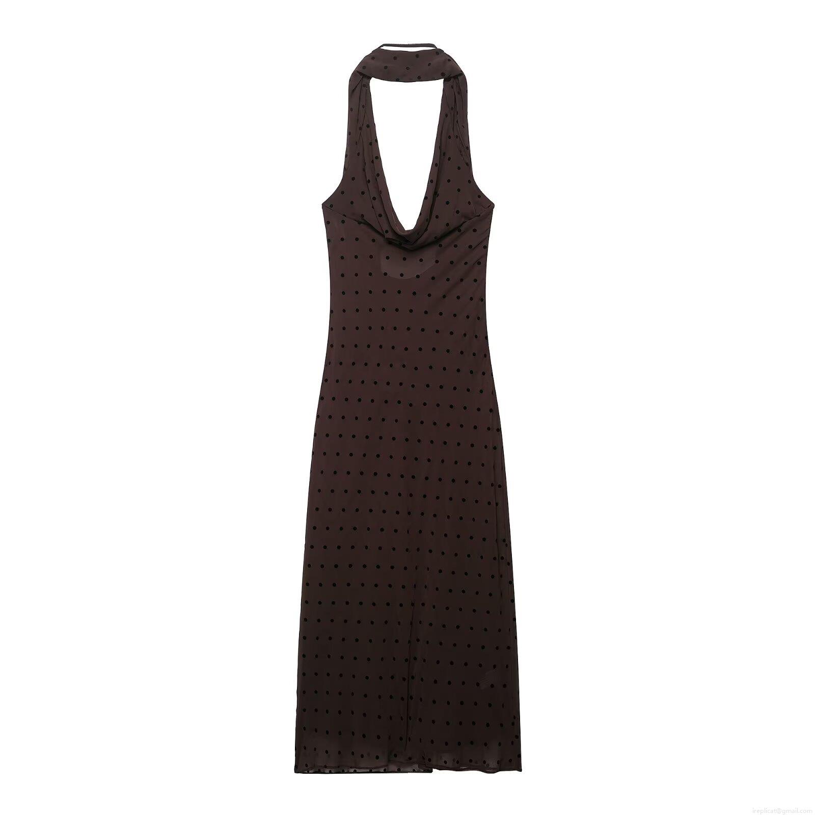 Polka Dot Halter Neck Maxi Dress Mesh Sleeveless Backless Sexy Brown Party Dress For Women Summer Vacation Elegant A-Line Sundress Polka Dot Halter Neck Maxi Dress Mesh Sleeveless Backless Sexy Brown Party Dress For Women Summer Vacation Elegant A-Line Sundress