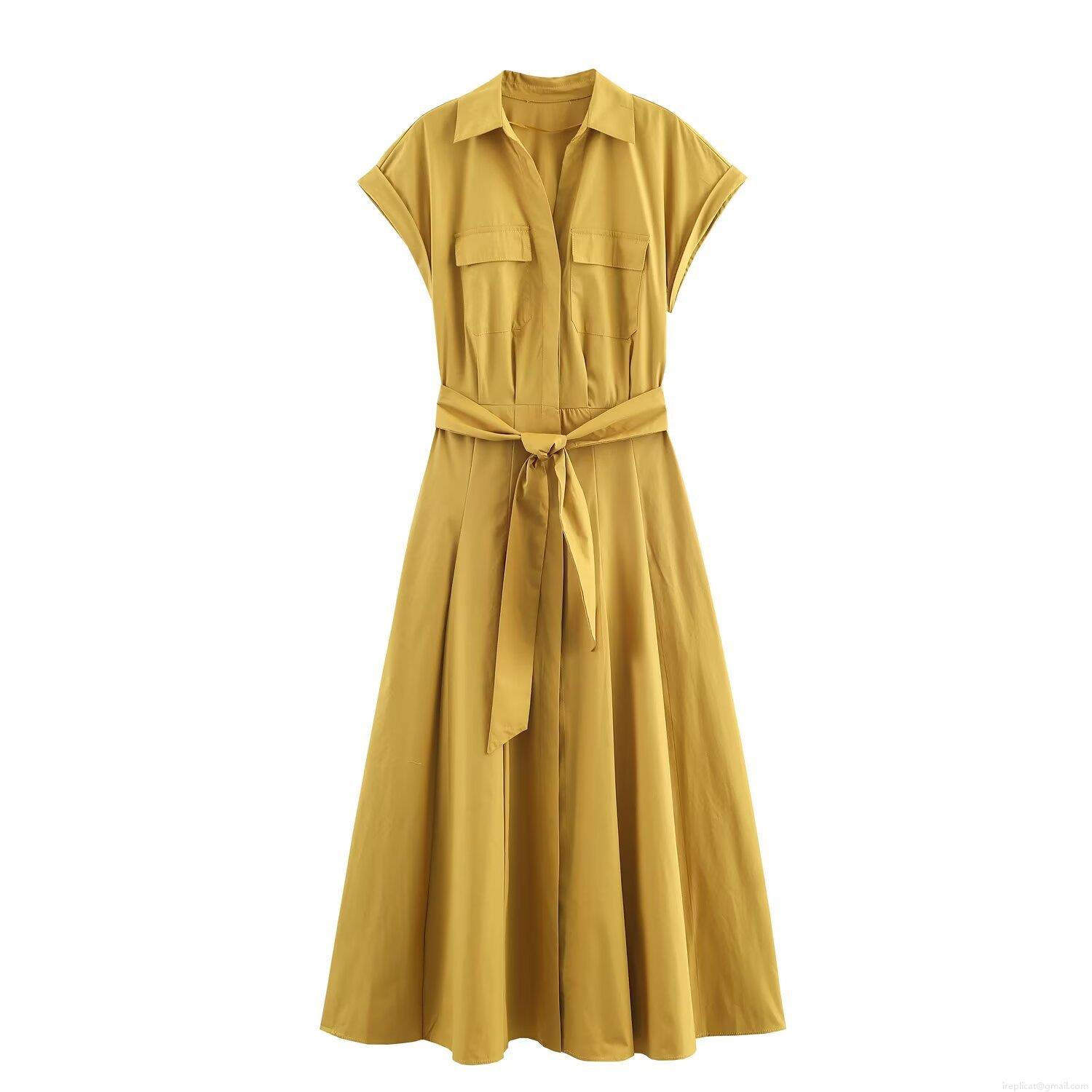 Women Elegant Poplin Midi Dress Sleeveless Shirt Collar Dress With Waist Tie Pockets Solid Ginger Yellow Fashionable Summer Dress For Women Office Party Women Elegant Poplin Midi Dress Sleeveless Shirt Collar Dress With Waist Tie Pockets Solid Ginger Yellow Fashionable Summer Dress For Women Office Party