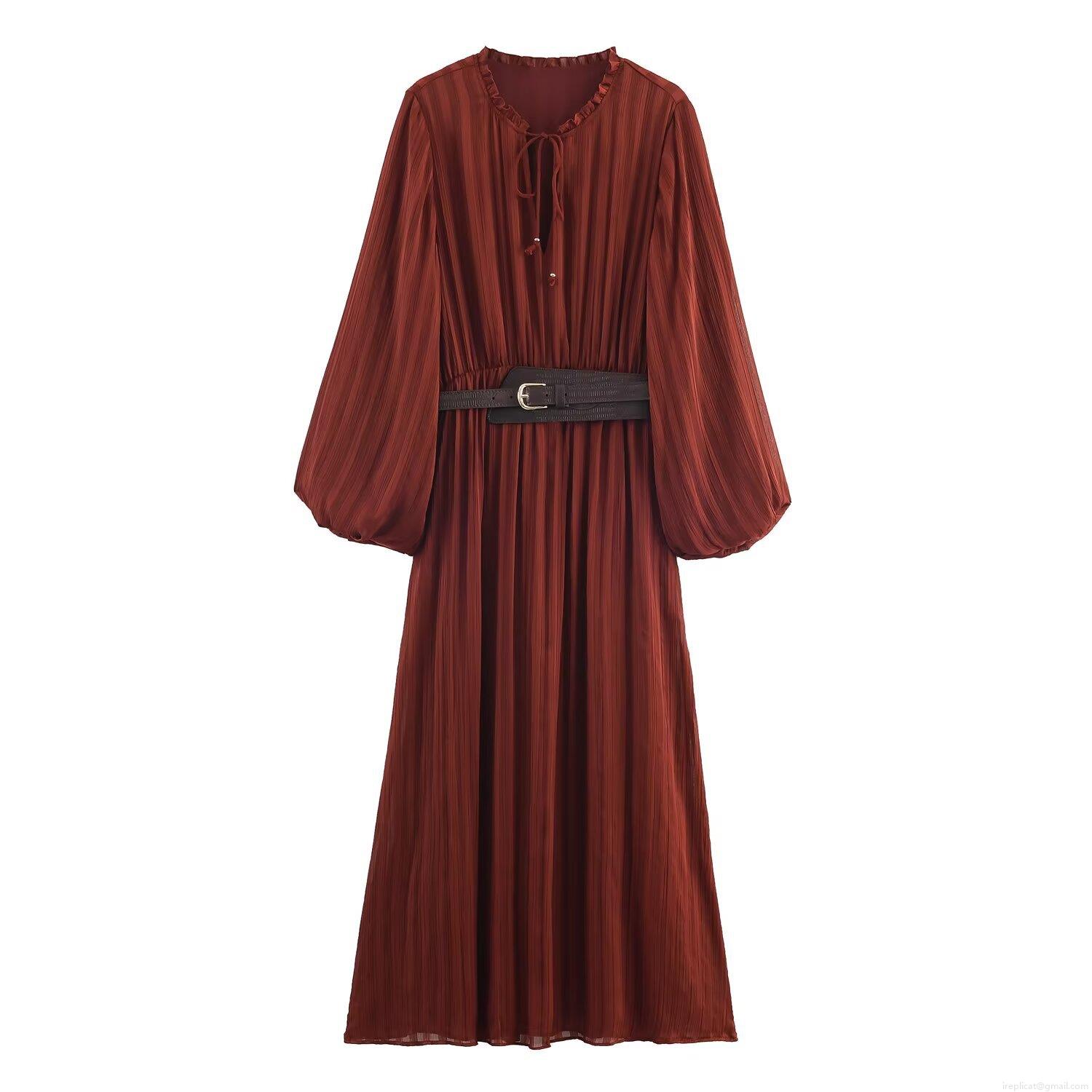 Women Elegant Pleated Midi Dress Long Sleeve Puff Sleeve Ruffle Neck With Belt Vintage Solid Color Polyester Composite Silk Dress For Party Evening Wedding Guest Women Elegant Pleated Midi Dress Long Sleeve Puff Sleeve Ruffle Neck With Belt Vintage Solid Color Polyester Composite Silk Dress For Party Evening Wedding Guest