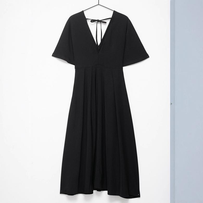 Women's Elegant V Neck Short Sleeve Midi Dress Solid Color Polyester Fabric High Waist Pleated A-Line Dress With Back Tie Bow For Summer Party Daily Wear Women's Elegant V Neck Short Sleeve Midi Dress Solid Color Polyester Fabric High Waist Pleated A-Line Dress With Back Tie Bow For Summer Party Daily Wear