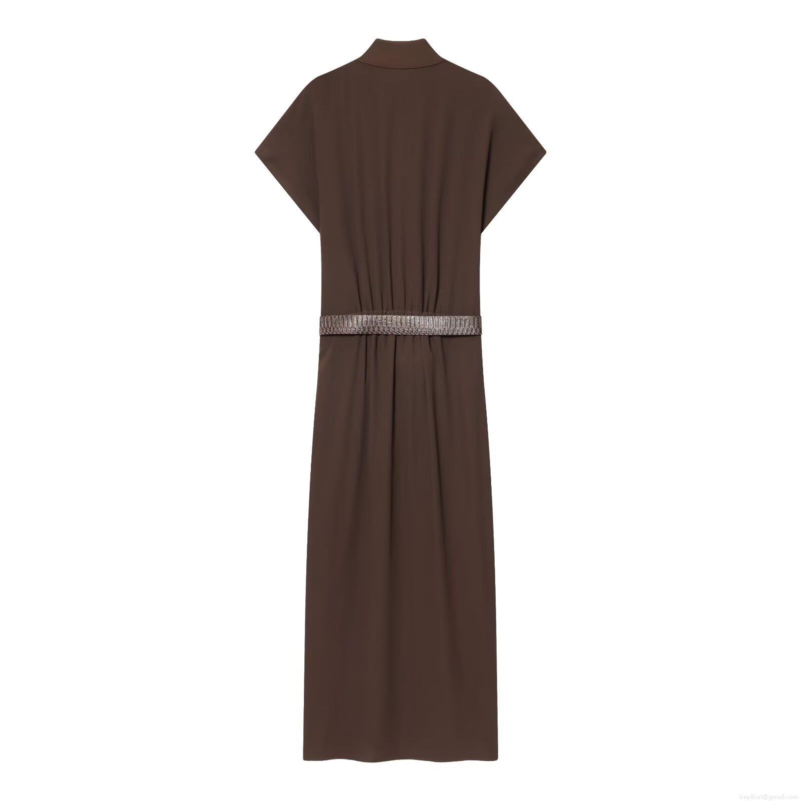 Elegant Women Polyester Coffee Brown Midi Dress With Metal Buckles Sleeveless Stand Collar Shirt Dress And Crocodile Patterned Belt For Summer Party