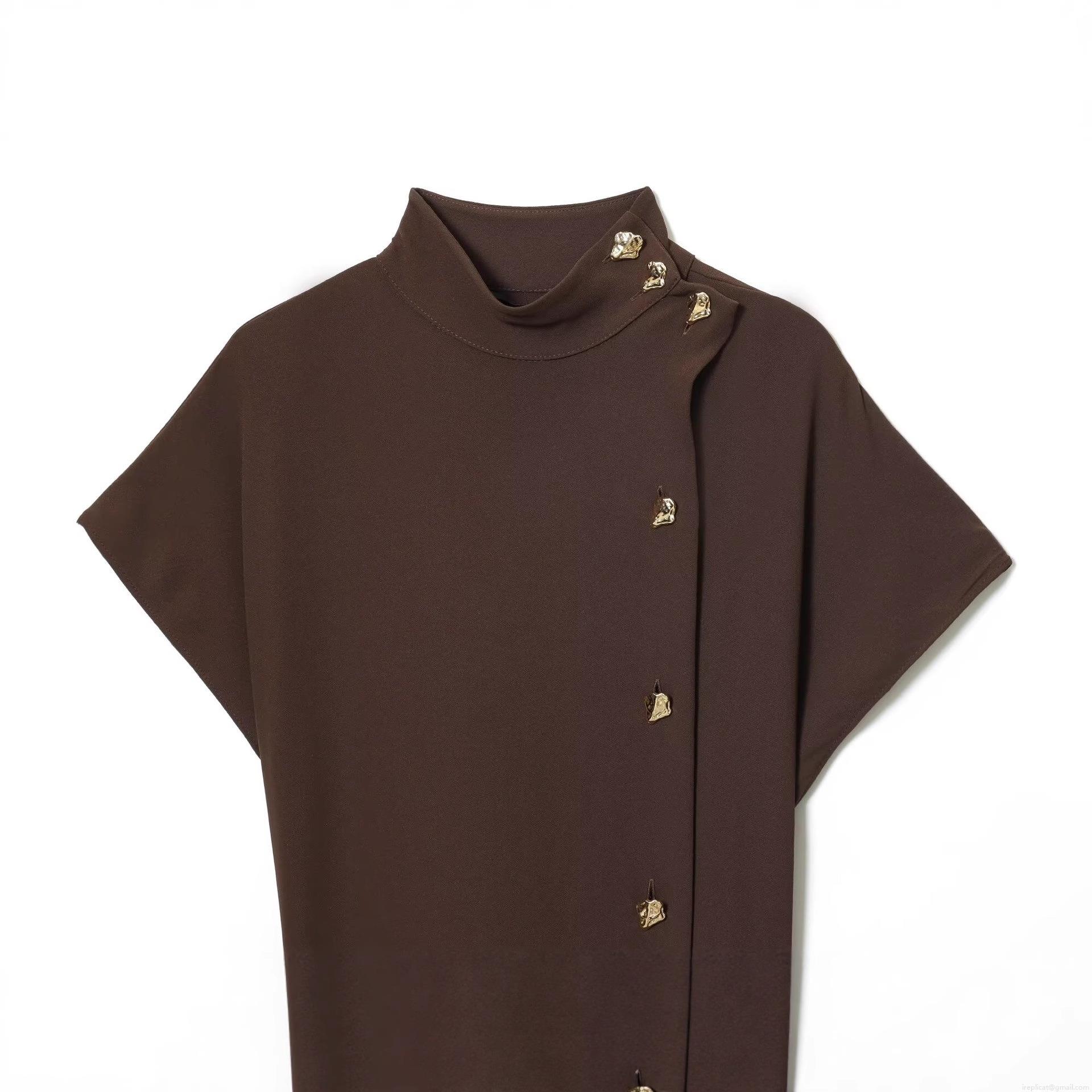 Elegant Women Polyester Coffee Brown Midi Dress With Metal Buckles Sleeveless Stand Collar Shirt Dress And Crocodile Patterned Belt For Summer Party