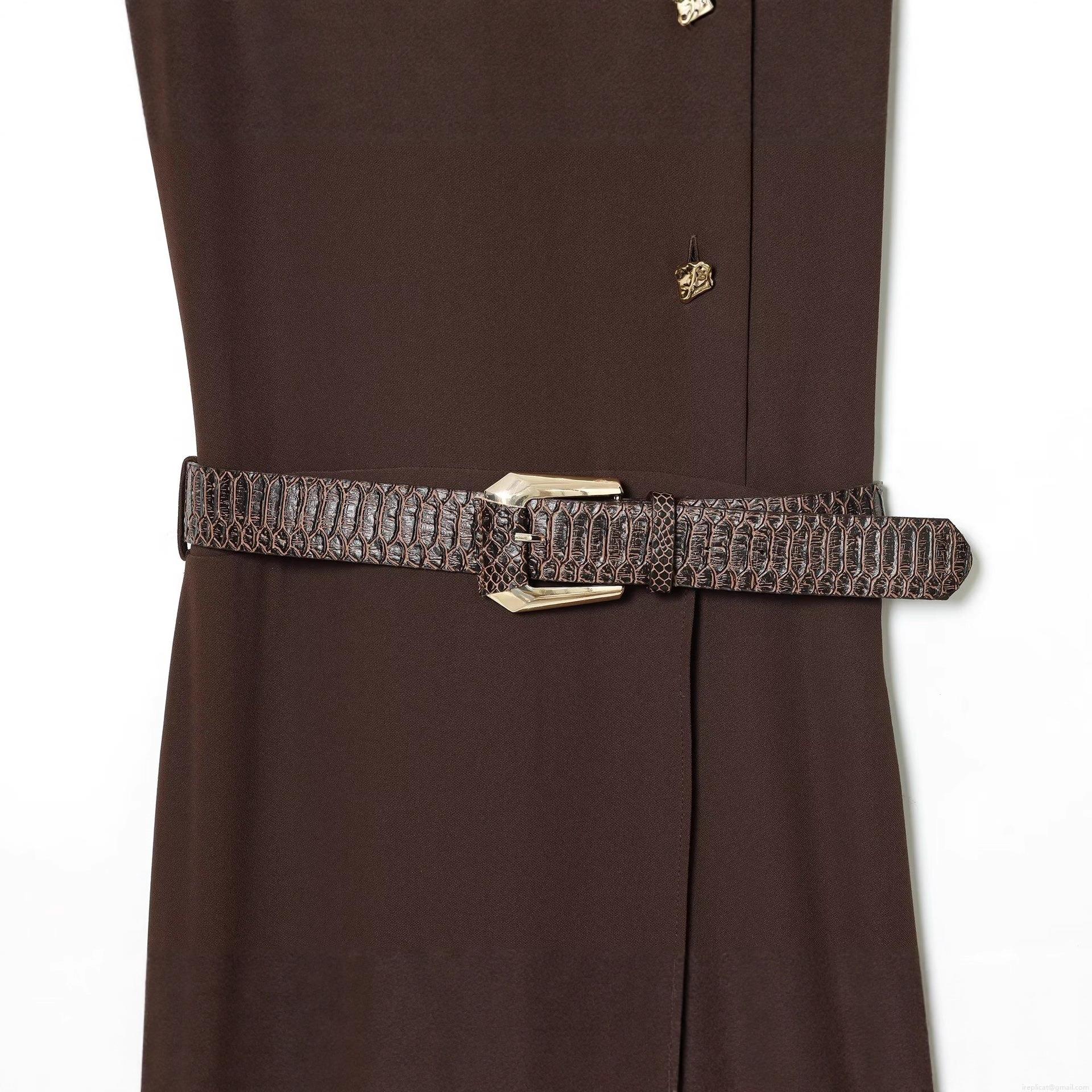 Elegant Women Polyester Coffee Brown Midi Dress With Metal Buckles Sleeveless Stand Collar Shirt Dress And Crocodile Patterned Belt For Summer Party
