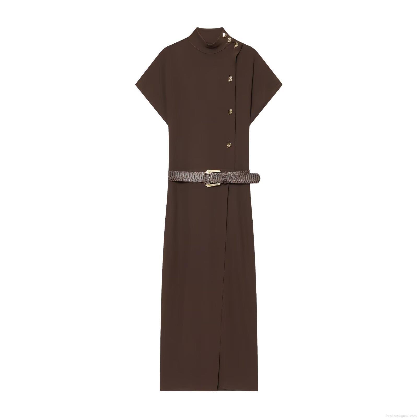 Elegant Women Polyester Coffee Brown Midi Dress With Metal Buckles Sleeveless Stand Collar Shirt Dress And Crocodile Patterned Belt For Summer Party