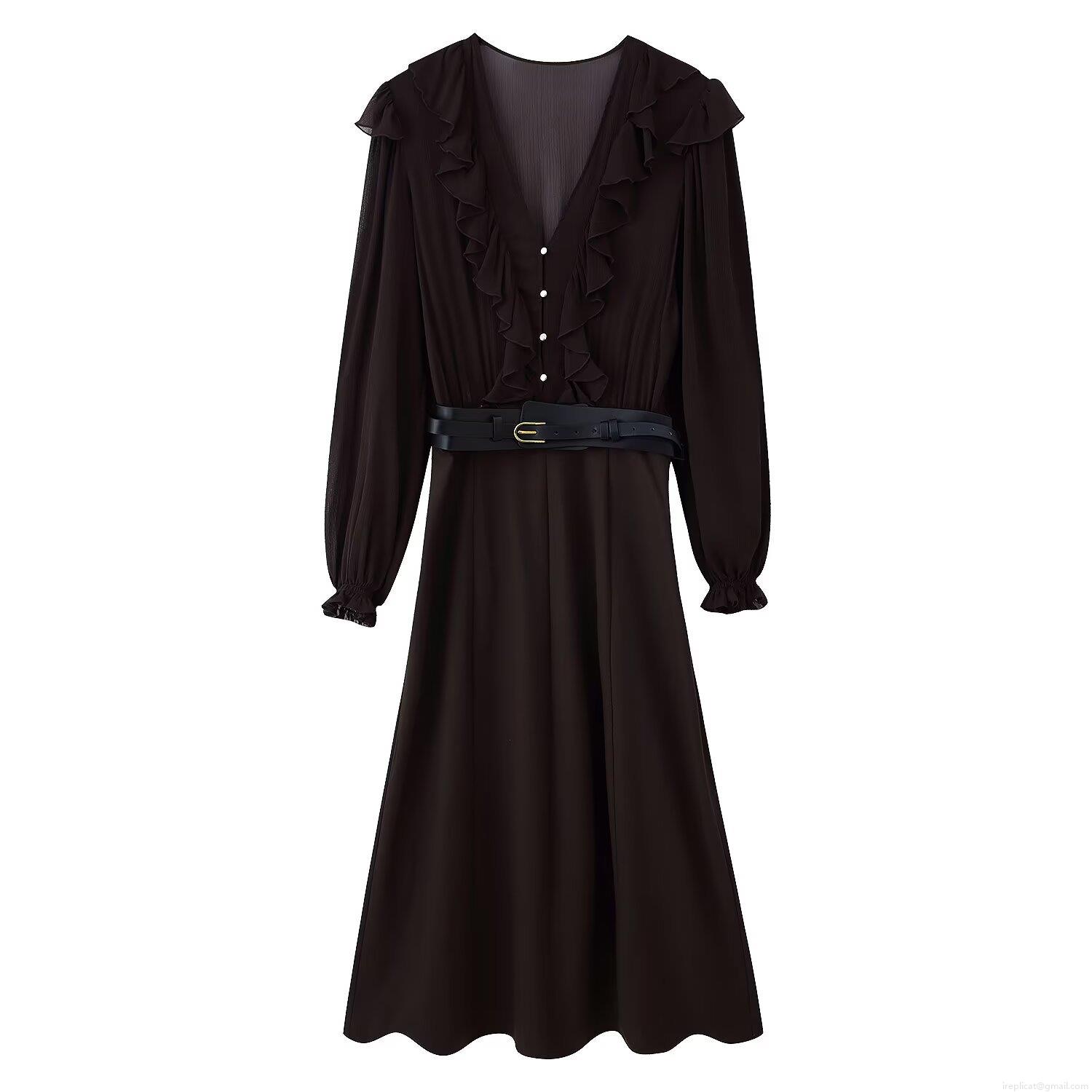 Women's Elegant V-Neck Ruffle Midi Dress Polyester Chiffon Long Sleeve Belted Solid Color Patchwork Dress For Party Dating Casual Wear Women's Elegant V-Neck Ruffle Midi Dress Polyester Chiffon Long Sleeve Belted Solid Color Patchwork Dress For Party Dating Casual Wear