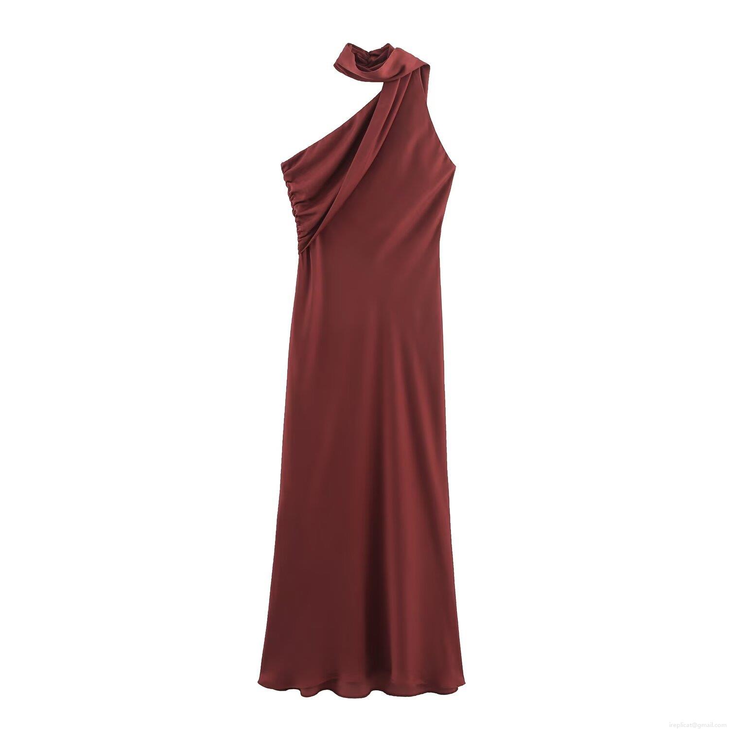 Women Elegant Satin Midi Dress Asymmetric Off Shoulder Draped Scarf Neck Ruched Bodycon Evening Party Wedding Guest Dress