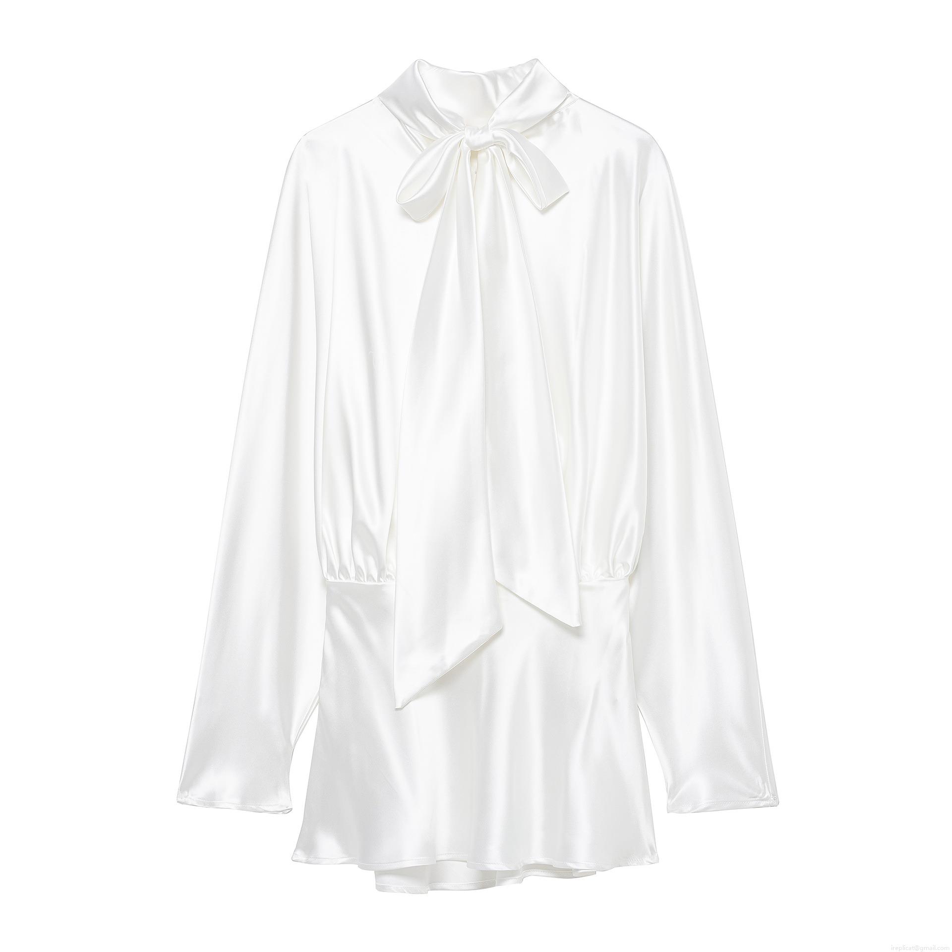 Women's Elegant White Satin Bow Tie Midi Dress Long Sleeve Stand Collar Ruched Waist Shirt Dress For Formal Party Social Event Celebrity Style Chic Lady Wear Women's Elegant White Satin Bow Tie Midi Dress Long Sleeve Stand Collar Ruched Waist Shirt Dress For Formal Party Social Event Celebrity Style Chic Lady Wear