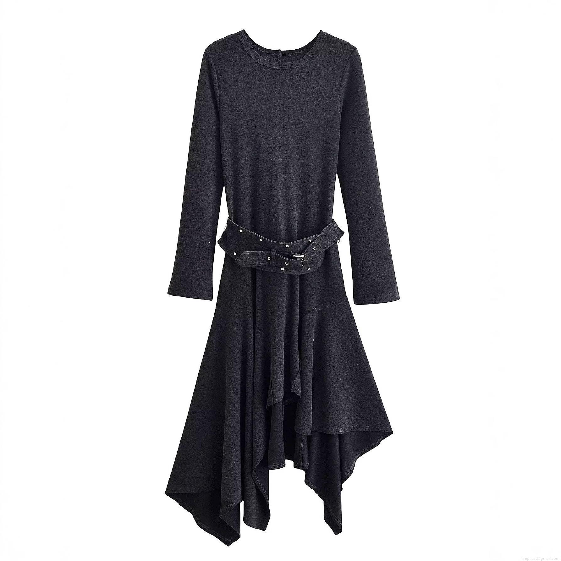 Women's Elegant Asymmetrical Hem Long Sleeve Midi Dress With Belt Round Neck Solid Color Polyester Bodycon Dress For Party Banquet Office Lady Autumn Winter Women's Elegant Asymmetrical Hem Long Sleeve Midi Dress With Belt Round Neck Solid Color Polyester Bodycon Dress For Party Banquet Office Lady Autumn Winter