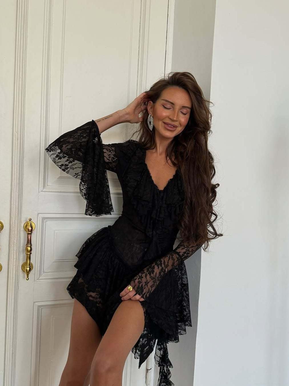 Women's French Style Black Lace V-Neck Midi Dress Sexy Long Flared Sleeve Hollow Out Ruffle Bodycon Pencil Dress For Evening Party Clubwear Women's French Style Black Lace V-Neck Midi Dress Sexy Long Flared Sleeve Hollow Out Ruffle Bodycon Pencil Dress For Evening Party Clubwear