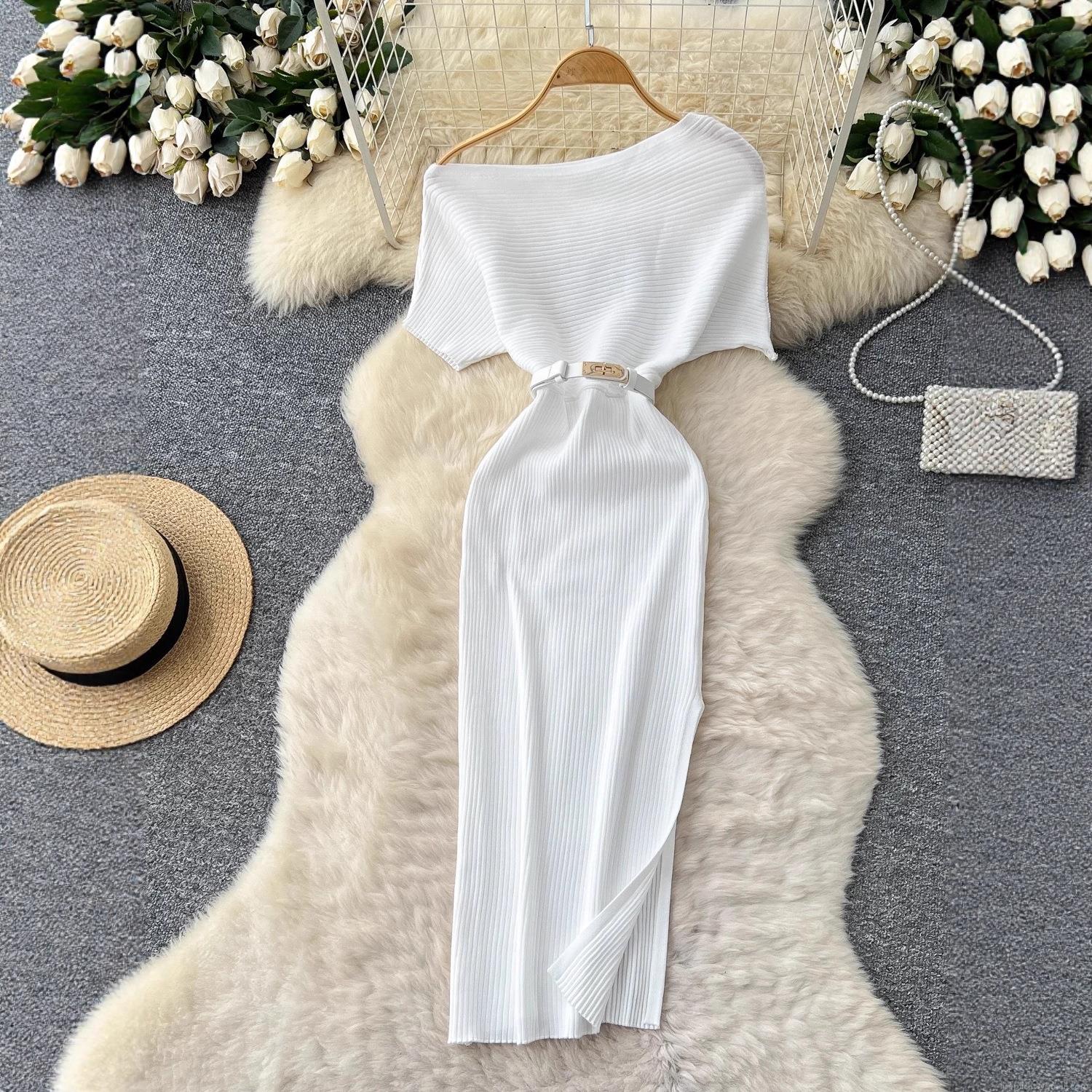 Women Elegant Off Shoulder Knit Midi Dress With Metal Buckle Belt Slim Fit Ribbed Split Dress For Party Dating Ladies Women Elegant Off Shoulder Knit Midi Dress With Metal Buckle Belt Slim Fit Ribbed Split Dress For Party Dating Ladies