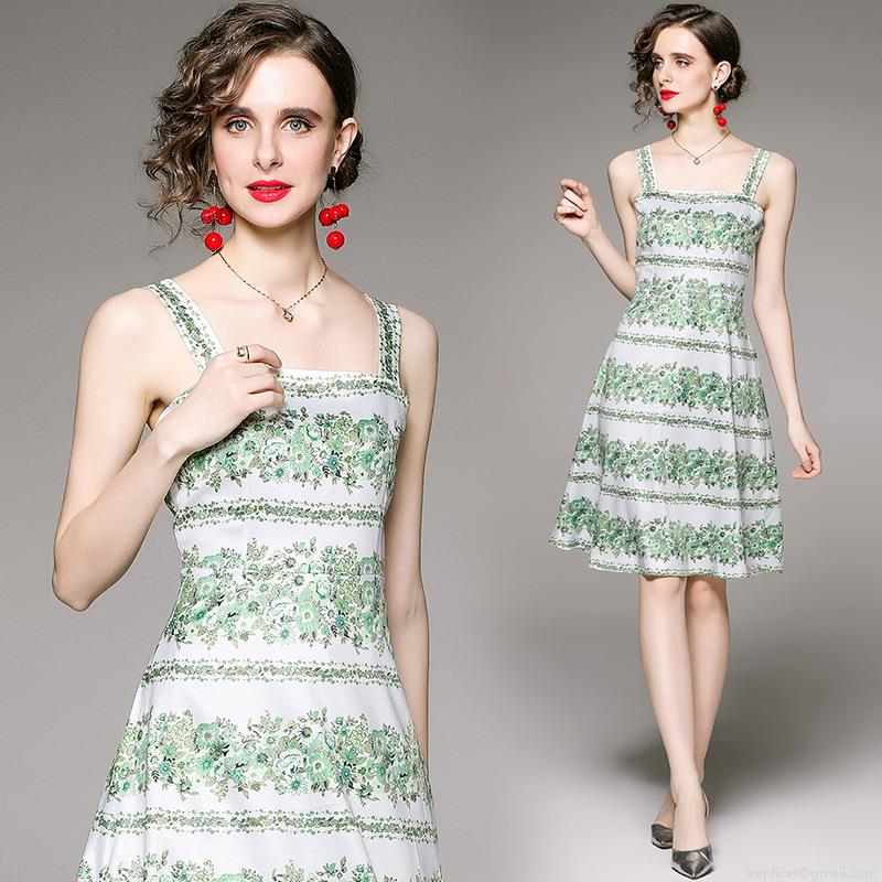 Women Elegant Square Neck Sleeveless Green Floral Print A-Line Midi Dress With Waist Tie Summer Vacation Beach Sundress Made Of Quality Polyester Fabric Women Elegant Square Neck Sleeveless Green Floral Print A-Line Midi Dress With Waist Tie Summer Vacation Beach Sundress Made Of Quality Polyester Fabric