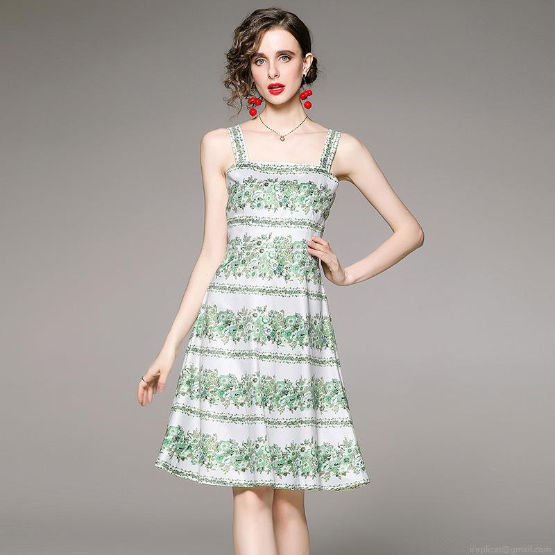 Women Elegant Square Neck Sleeveless Green Floral Print A-Line Midi Dress With Waist Tie Summer Vacation Beach Sundress Made Of Quality Polyester Fabric