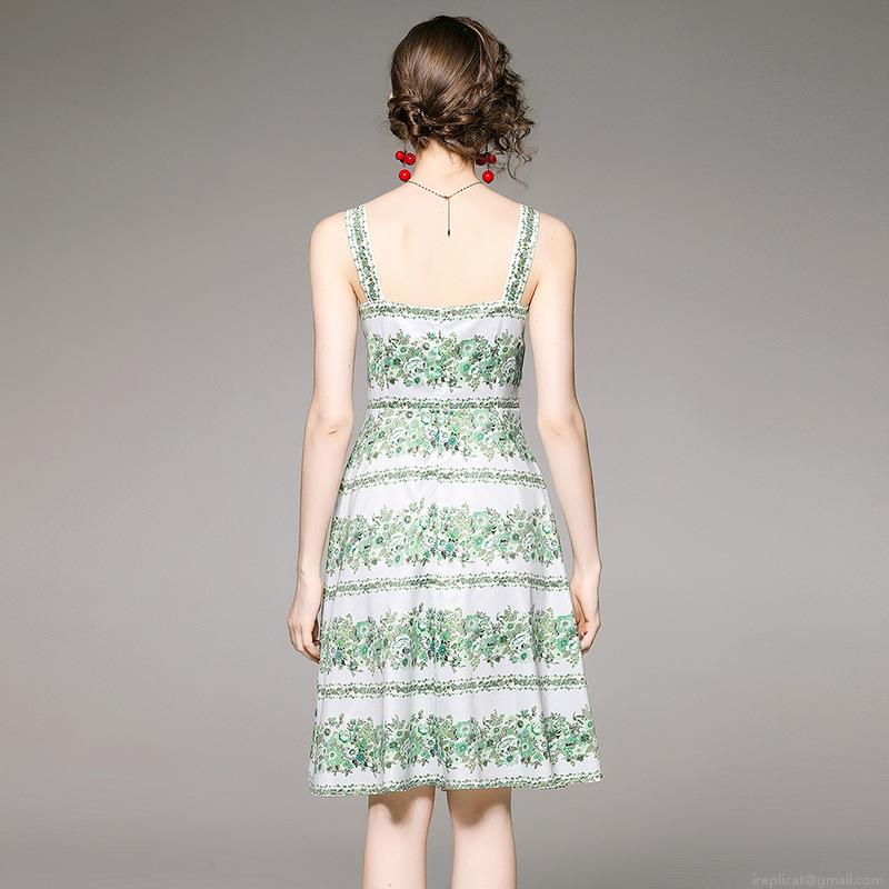 Women Elegant Square Neck Sleeveless Green Floral Print A-Line Midi Dress With Waist Tie Summer Vacation Beach Sundress Made Of Quality Polyester Fabric