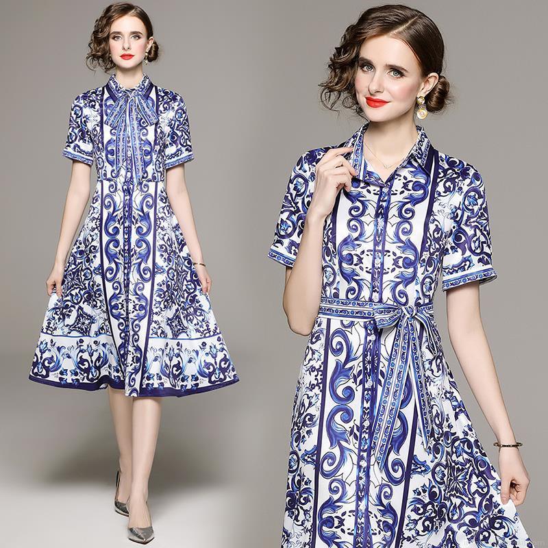 Women's Elegant Blue and White Floral Print Chiffon Midi Dress With Belt Short Sleeve Polo Collar Shirt Dress For Office Lady Retro Commute Dress Women's Elegant Blue and White Floral Print Chiffon Midi Dress With Belt Short Sleeve Polo Collar Shirt Dress For Office Lady Retro Commute Dress