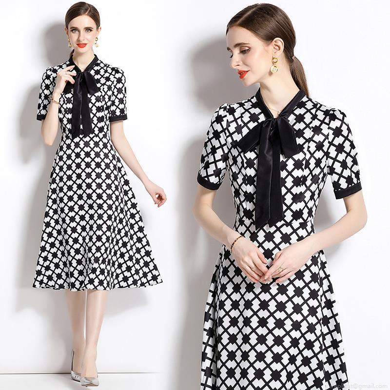 Women's Elegant Black and White Geometric Lattice Print Midi Dress Short Sleeve Pussy Bow Tie Neck A-Line Slim Fit Retro French Style Dress for Work Party Casual Ladies Women's Elegant Black and White Geometric Lattice Print Midi Dress Short Sleeve Pussy Bow Tie Neck A-Line Slim Fit Retro French Style Dress for Work Party Casual Ladies