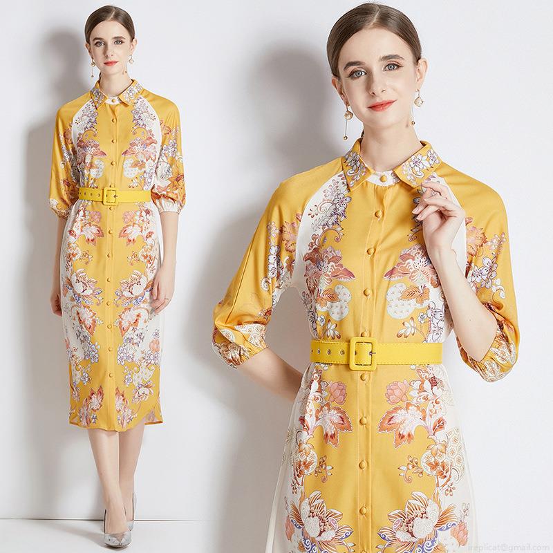 Elegant Yellow Floral Print Shirt Dress For Women Turn-down Collar Single Breasted Midi A-Line Dress With Belt 3/4 Sleeve Polyester Comfortable Breathable Summer Casual Clothing Elegant Yellow Floral Print Shirt Dress For Women Turn-down Collar Single Breasted Midi A-Line Dress With Belt 3/4 Sleeve Polyester Comfortable Breathable Summer Casual Clothing