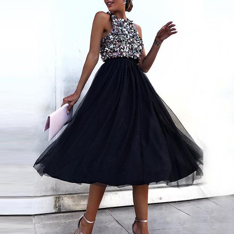 Women's Sexy Sequin Patchwork Mesh Midi Dress Sleeveless Round Neck Elegant Party Evening Cocktail Formal Gown Dress For Ladies Women's Sexy Sequin Patchwork Mesh Midi Dress Sleeveless Round Neck Elegant Party Evening Cocktail Formal Gown Dress For Ladies