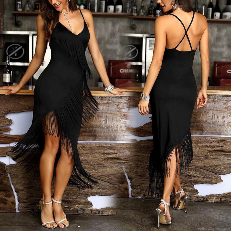 Sexy Women's Black Tassel Midi Dress Backless Deep V Neck Criss-Cross Spaghetti Strap Bodycon Dress For Evening Party Club Night Out