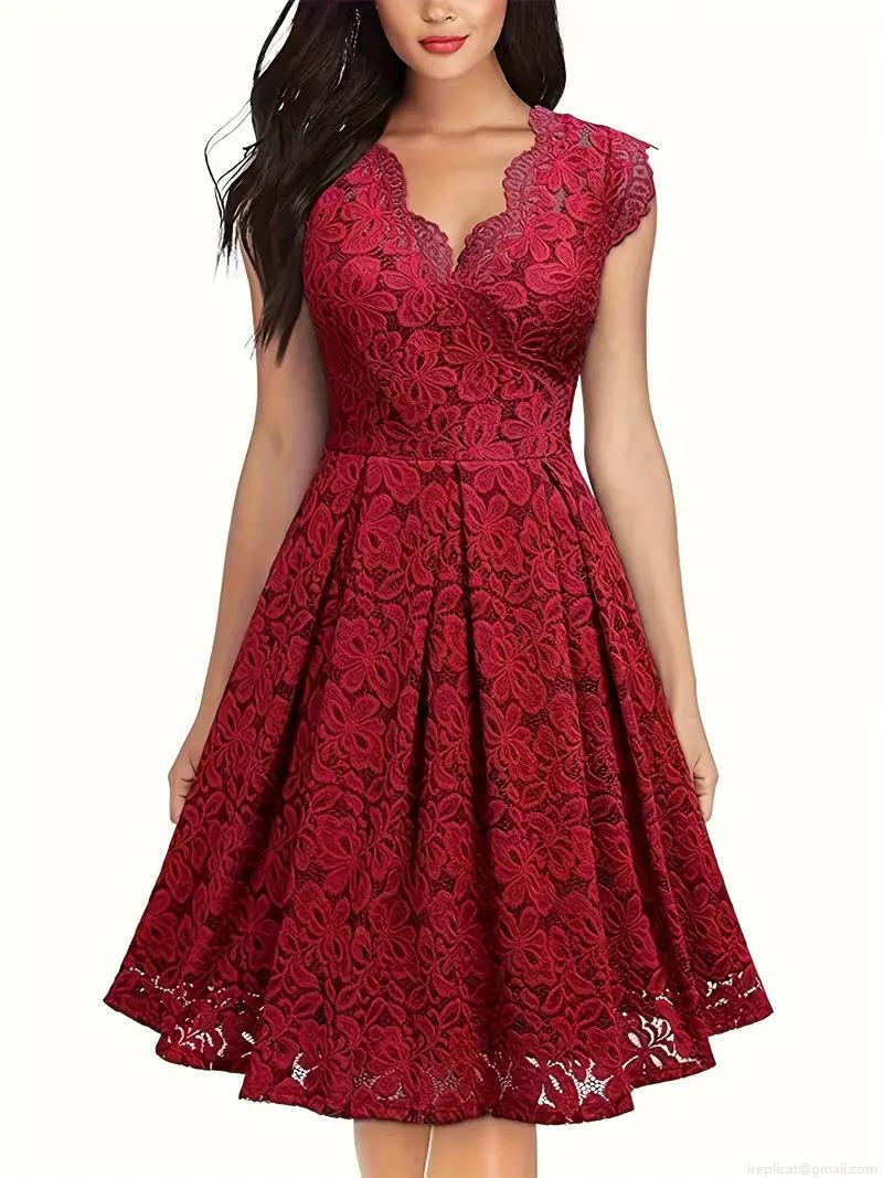 Elegant Wine Red Lace Midi Dress Women Audrey Hepburn Style V-Neck Sleeveless Slim Fit A-Line Party Wedding Evening Guest Clothing Elegant Wine Red Lace Midi Dress Women Audrey Hepburn Style V-Neck Sleeveless Slim Fit A-Line Party Wedding Evening Guest Clothing