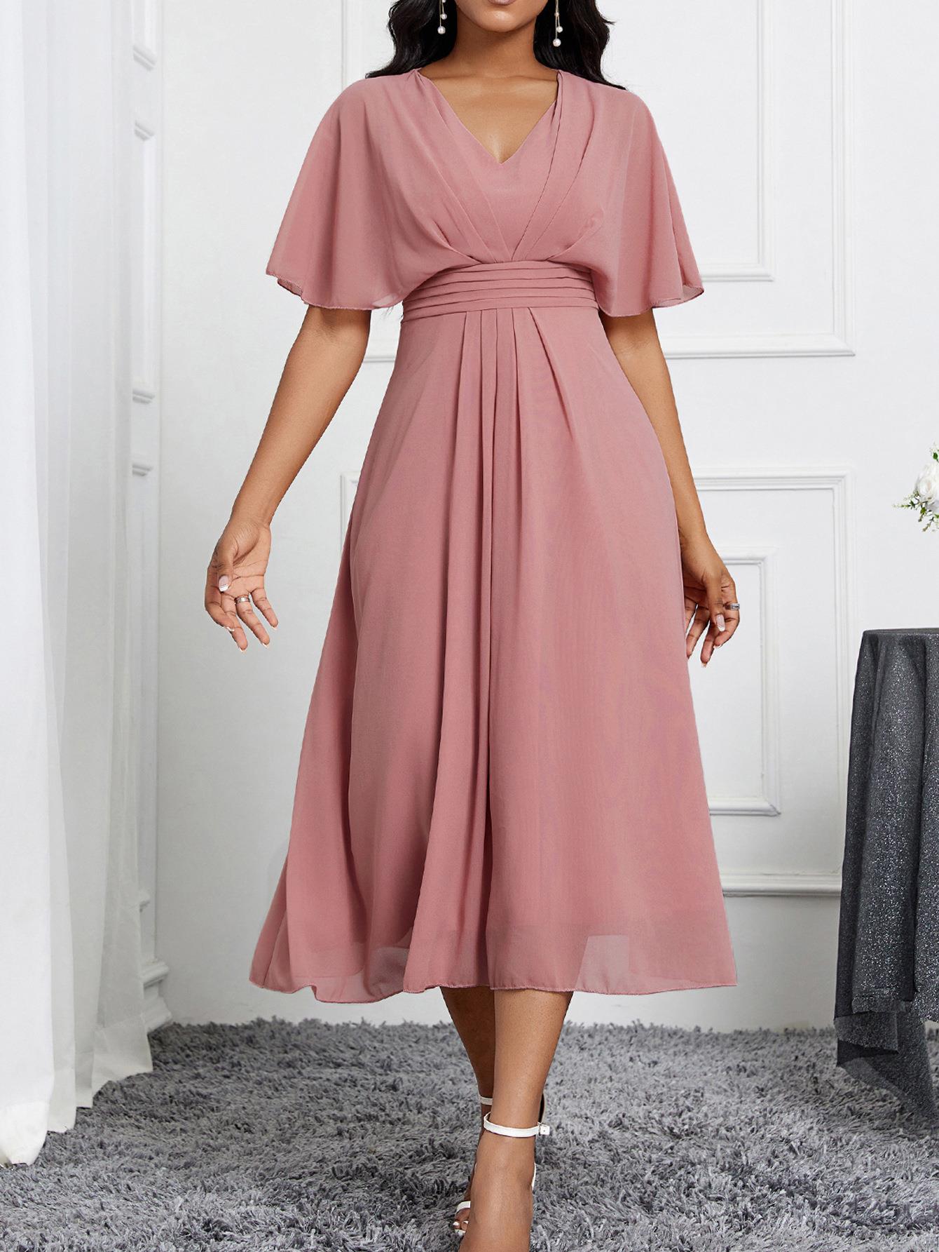 Women Elegant V-Neck Ruffled Sleeve Chiffon Polyester Dress Solid Color A-Line Mid-Long Pleated Waist Evening Party Midi Dress Dusty Rose Pink Mauve Vacation Summer Chic Women Elegant V-Neck Ruffled Sleeve Chiffon Polyester Dress Solid Color A-Line Mid-Long Pleated Waist Evening Party Midi Dress Dusty Rose Pink Mauve Vacation Summer Chic