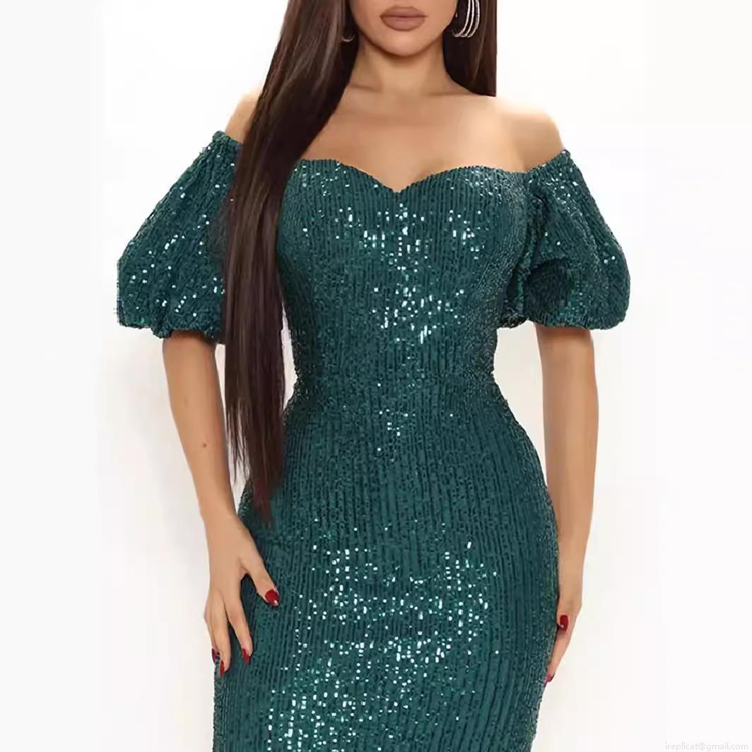 Women's Elegant Sequin Off-Shoulder Midi Dress Polyester Spandex Bodycon Puff Short Sleeve Dress For Party Evening Wedding Cocktail Solid Dark Green Sexy Slim Fit Outfit Women's Elegant Sequin Off-Shoulder Midi Dress Polyester Spandex Bodycon Puff Short Sleeve Dress For Party Evening Wedding Cocktail Solid Dark Green Sexy Slim Fit Outfit