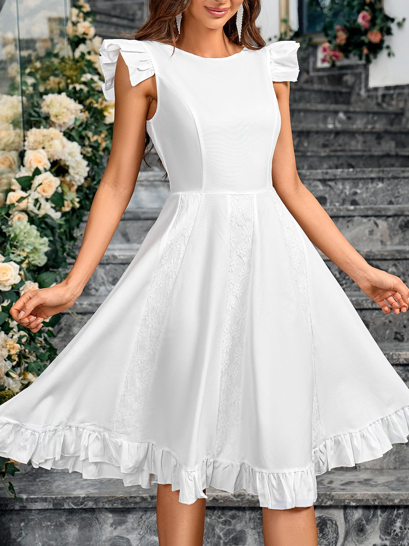 Women Elegant White Sleeveless Midi Dress With Ruffle Flutter Sleeve Lace Patchwork A-Line Tutu Dress For Summer Party Vacation Ladies Women Elegant White Sleeveless Midi Dress With Ruffle Flutter Sleeve Lace Patchwork A-Line Tutu Dress For Summer Party Vacation Ladies