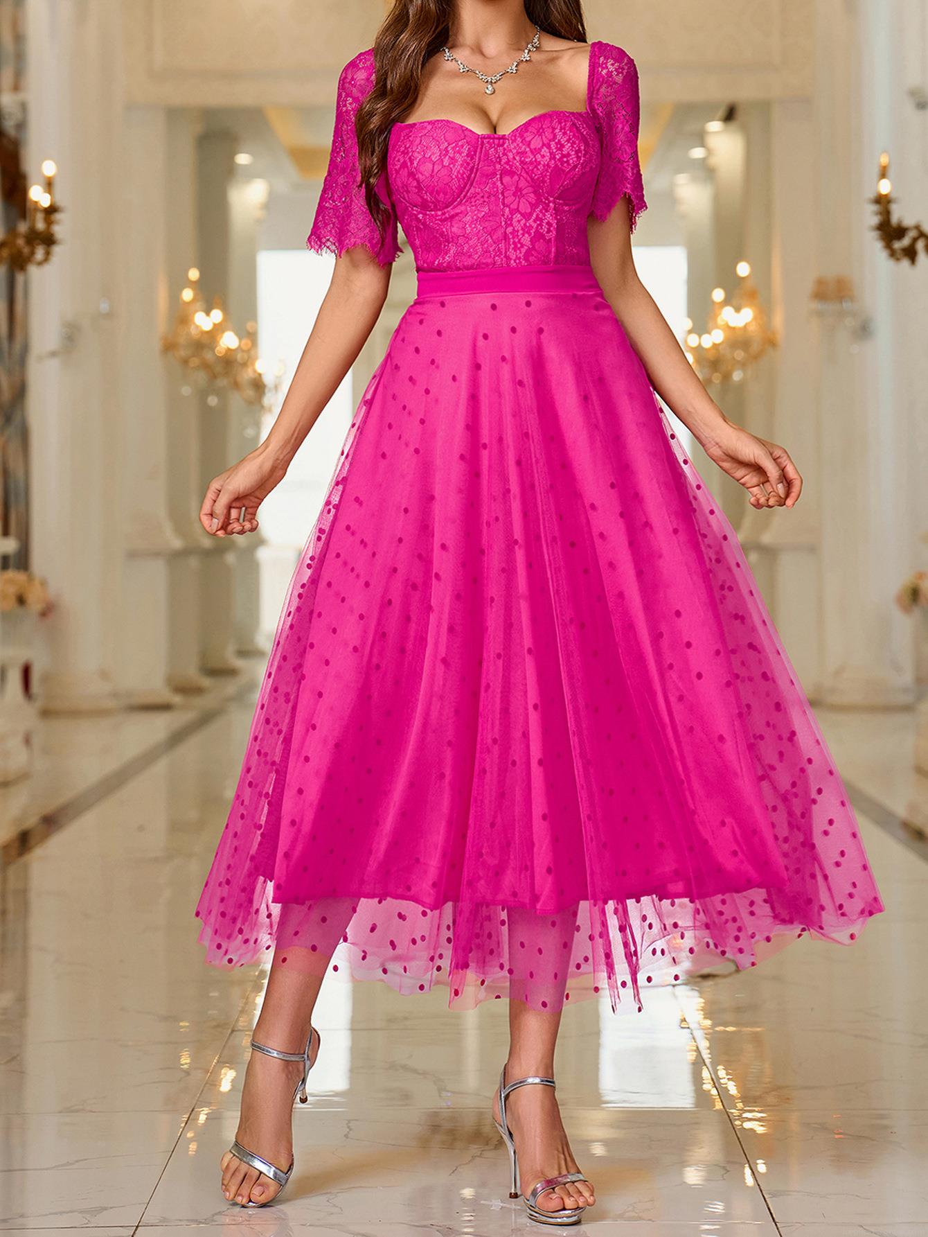 French Vintage Rose Red Lace Mesh Polka Dot Midi Dress Elegant Backless Square Neck Short Sleeve A-Line Party Dress For Women Wedding Guest Evening Gown French Vintage Rose Red Lace Mesh Polka Dot Midi Dress Elegant Backless Square Neck Short Sleeve A-Line Party Dress For Women Wedding Guest Evening Gown
