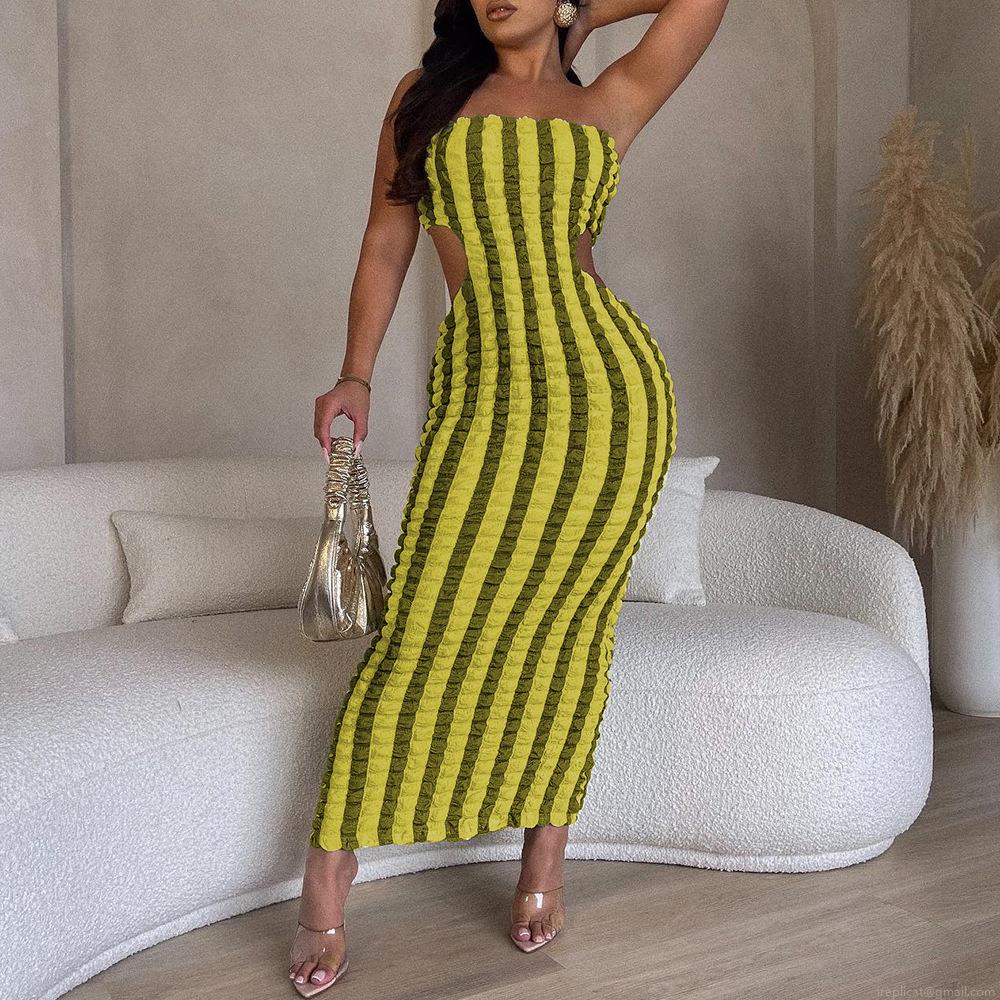 Women Sexy Striped Popcorn Fabric Tube Top Midi Dress Hollow Out Backless Bodycon Slim Fit Party Club Dresses Summer Sleeveless Dress Women Sexy Striped Popcorn Fabric Tube Top Midi Dress Hollow Out Backless Bodycon Slim Fit Party Club Dresses Summer Sleeveless Dress
