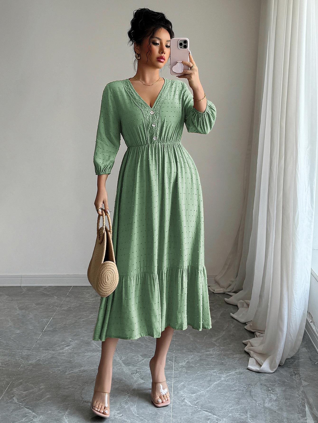 Women's Elegant V-Neck Polka Dot Viscose Midi Dress With Button Decor Puff Sleeve A-Line Flowy Vacation Party Dress Daily Casual Outfit Women's Elegant V-Neck Polka Dot Viscose Midi Dress With Button Decor Puff Sleeve A-Line Flowy Vacation Party Dress Daily Casual Outfit