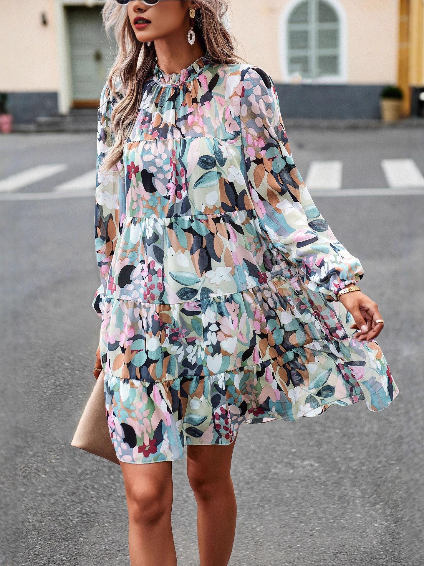 Elegant Floral Print Tiered Maxi Dress Women Long Sleeve Stand Collar Ruffle Cake Dress Casual Party Autumn Winter 100% Polyester Gown Elegant Floral Print Tiered Maxi Dress Women Long Sleeve Stand Collar Ruffle Cake Dress Casual Party Autumn Winter 100% Polyester Gown
