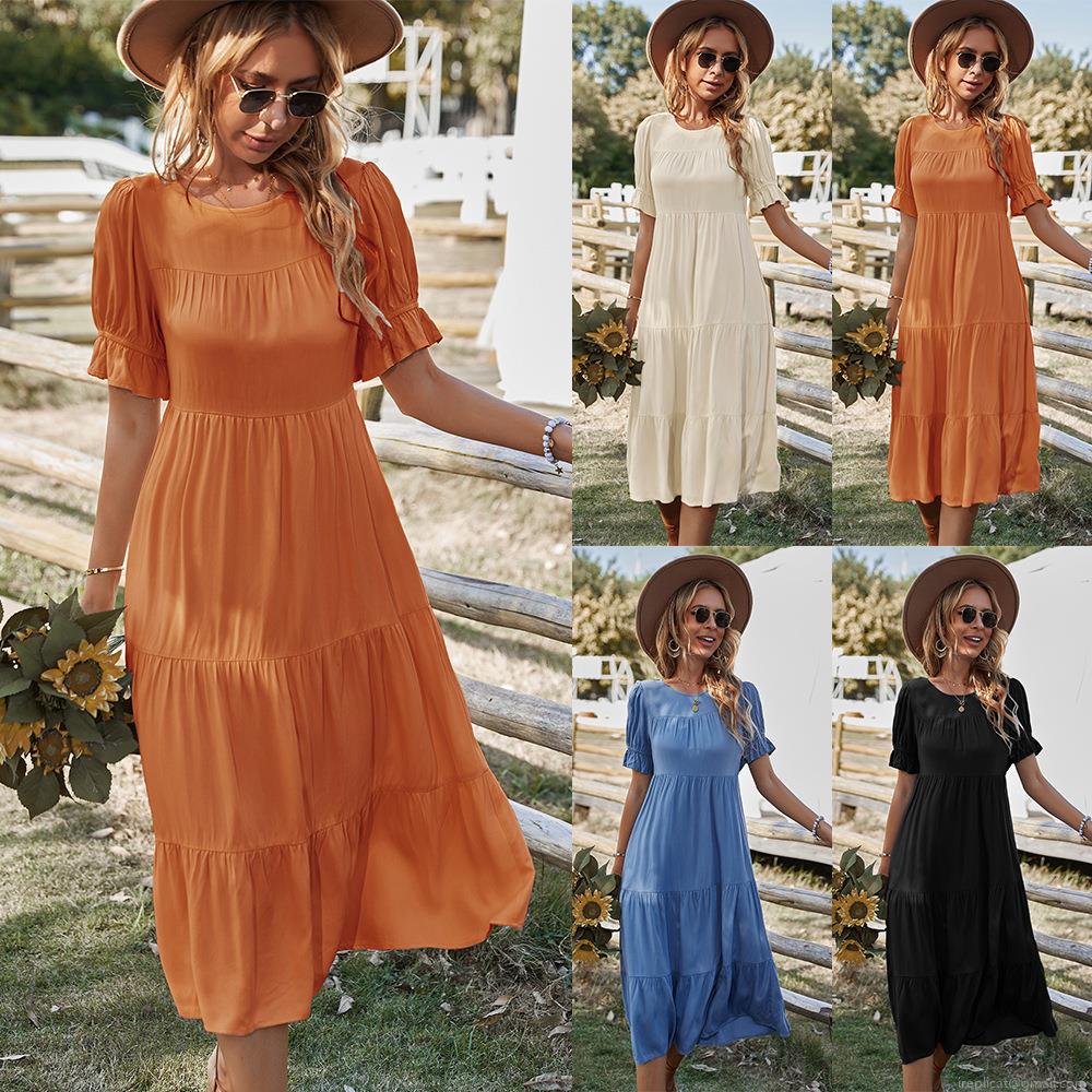 Women's Casual Viscose Cotton Blend Ruffle Short Sleeve Crew Neck Midi Dress Tiered Flowy A-Line Layered Cake Sun Dress for Summer Vacation Holiday Beach Party