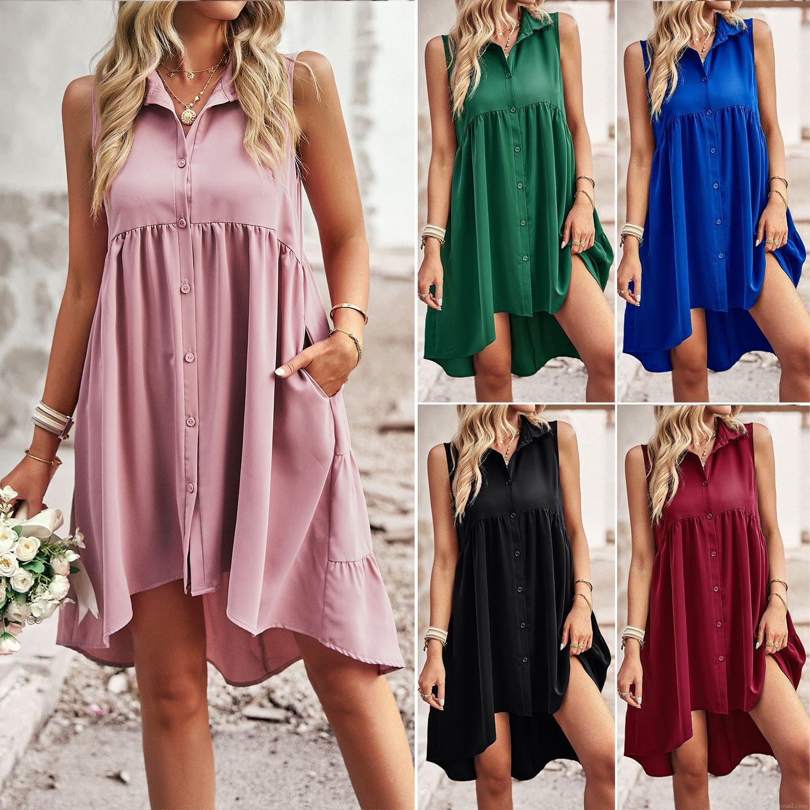 Women's Elegant Sleeveless V-Neck Shirt Dress Solid Color High-Low Hem Tiered A-Line Midi Dress With Pockets For Summer Leisure Vacation Women's Elegant Sleeveless V-Neck Shirt Dress Solid Color High-Low Hem Tiered A-Line Midi Dress With Pockets For Summer Leisure Vacation