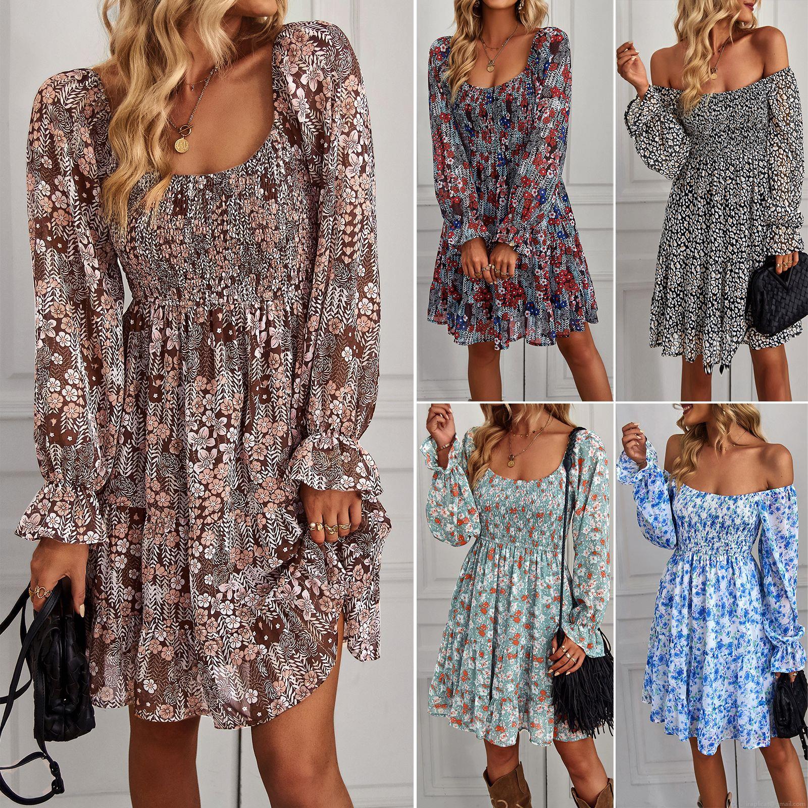 Women's Floral Print Long Sleeve Midi Dress Smocked Square Neck Ruffle Flowy A-Line Casual Party Vacation Chiffon Dress For Women Women's Floral Print Long Sleeve Midi Dress Smocked Square Neck Ruffle Flowy A-Line Casual Party Vacation Chiffon Dress For Women