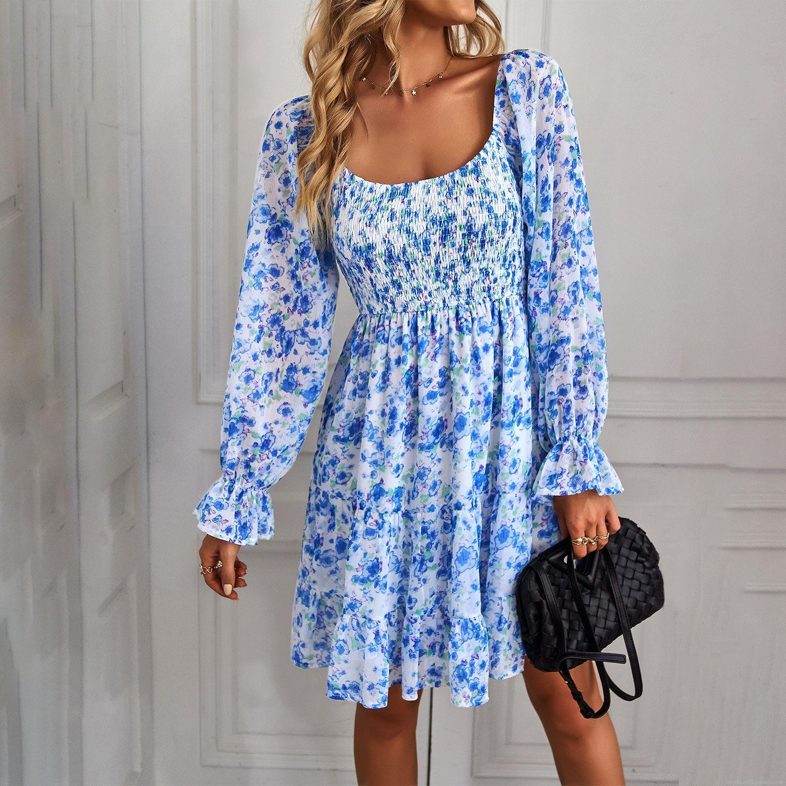 Women\'s Floral Print Long Sleeve Midi Dress Smocked Square Neck Ruffle Flowy A-Line Casual Party Vacation Chiffon Dress For Women