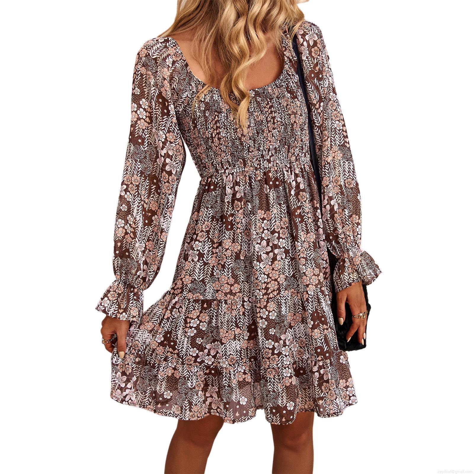 Women\'s Floral Print Long Sleeve Midi Dress Smocked Square Neck Ruffle Flowy A-Line Casual Party Vacation Chiffon Dress For Women