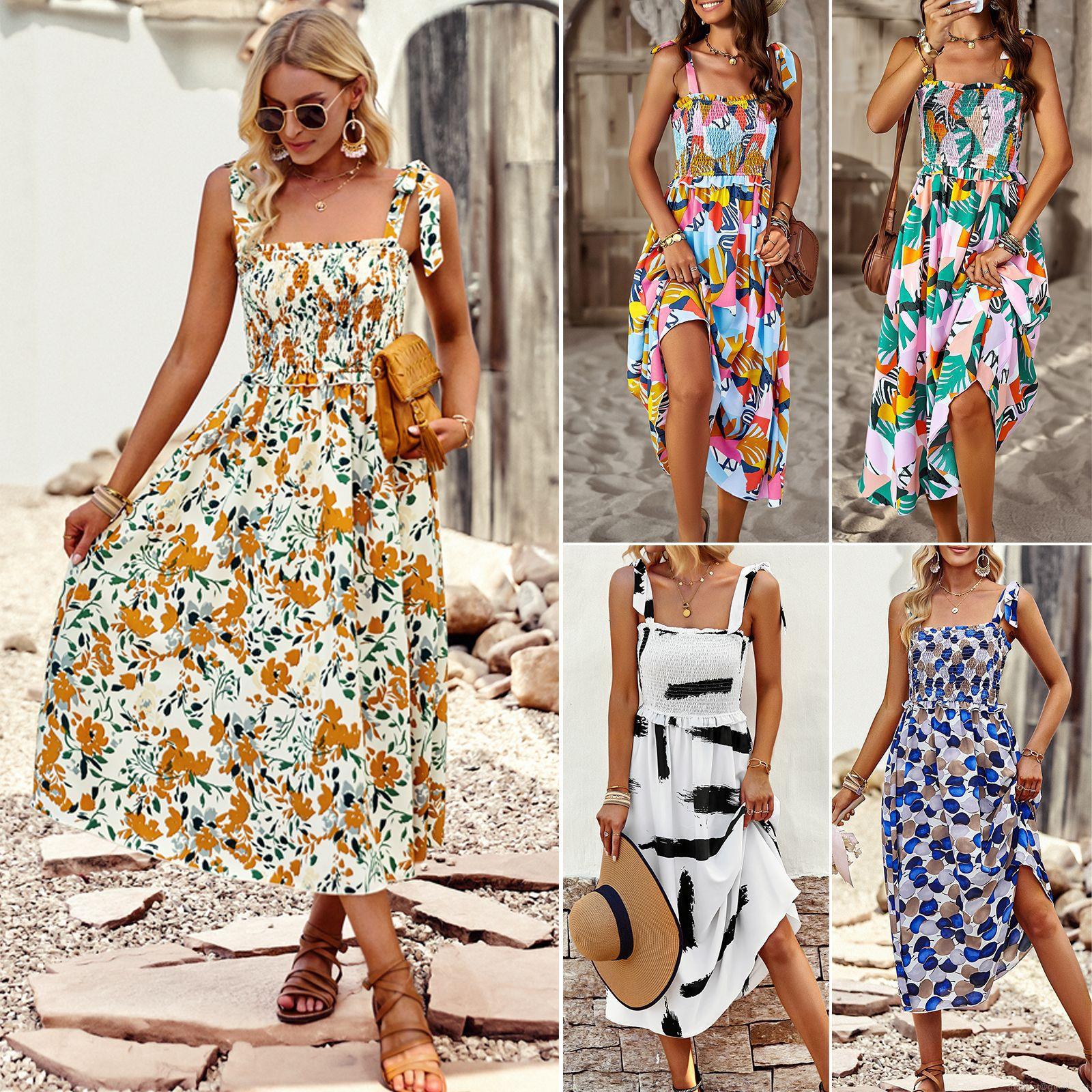 Women's Floral Print Camisole Dress Summer Boho A-Line Midi Dress With Smocked Bodice And Adjustable Straps High Waist Casual Beach Vacation Sundress For Ladies Women's Floral Print Camisole Dress Summer Boho A-Line Midi Dress With Smocked Bodice And Adjustable Straps High Waist Casual Beach Vacation Sundress For Ladies