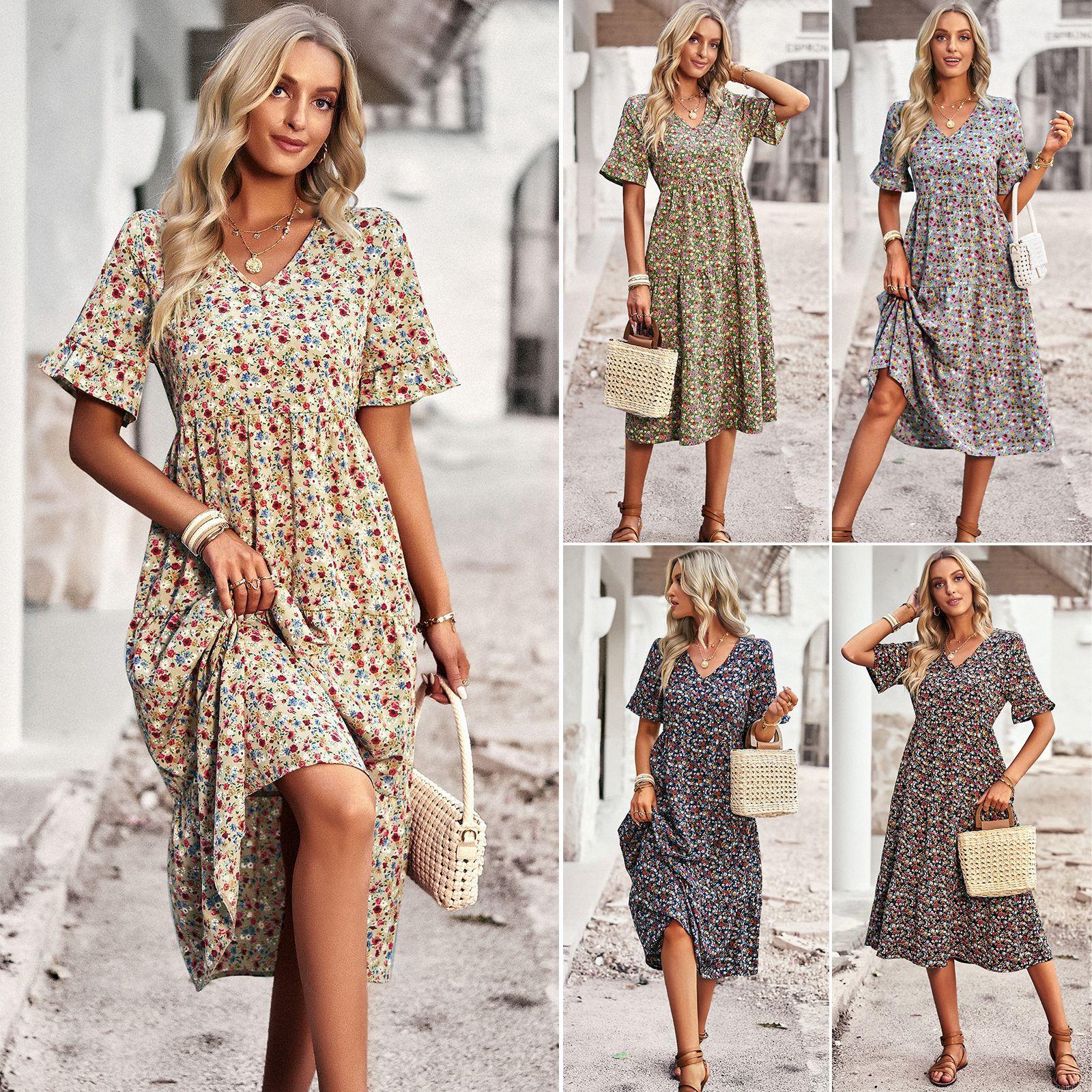 Women's V Neck Short Sleeve Floral Print Midi Dress Polyester Spandex Blend Tiered Hem Bohemian Style A-Line Casual Party Dress Women's V Neck Short Sleeve Floral Print Midi Dress Polyester Spandex Blend Tiered Hem Bohemian Style A-Line Casual Party Dress