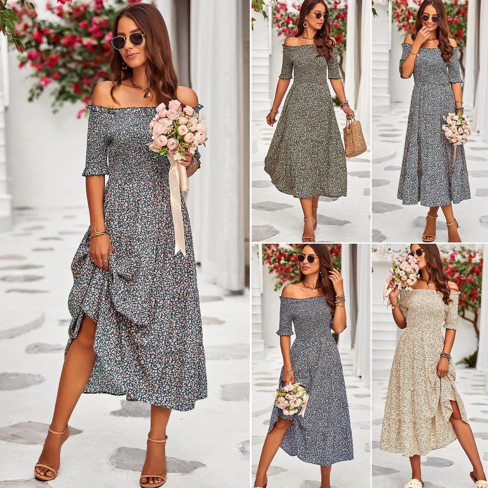 Women Off Shoulder Floral Print Midi Dress Smocked Waist Puff Sleeve Slit Elegant Summer Vacation Resort Style A-Line Sundress Women Off Shoulder Floral Print Midi Dress Smocked Waist Puff Sleeve Slit Elegant Summer Vacation Resort Style A-Line Sundress